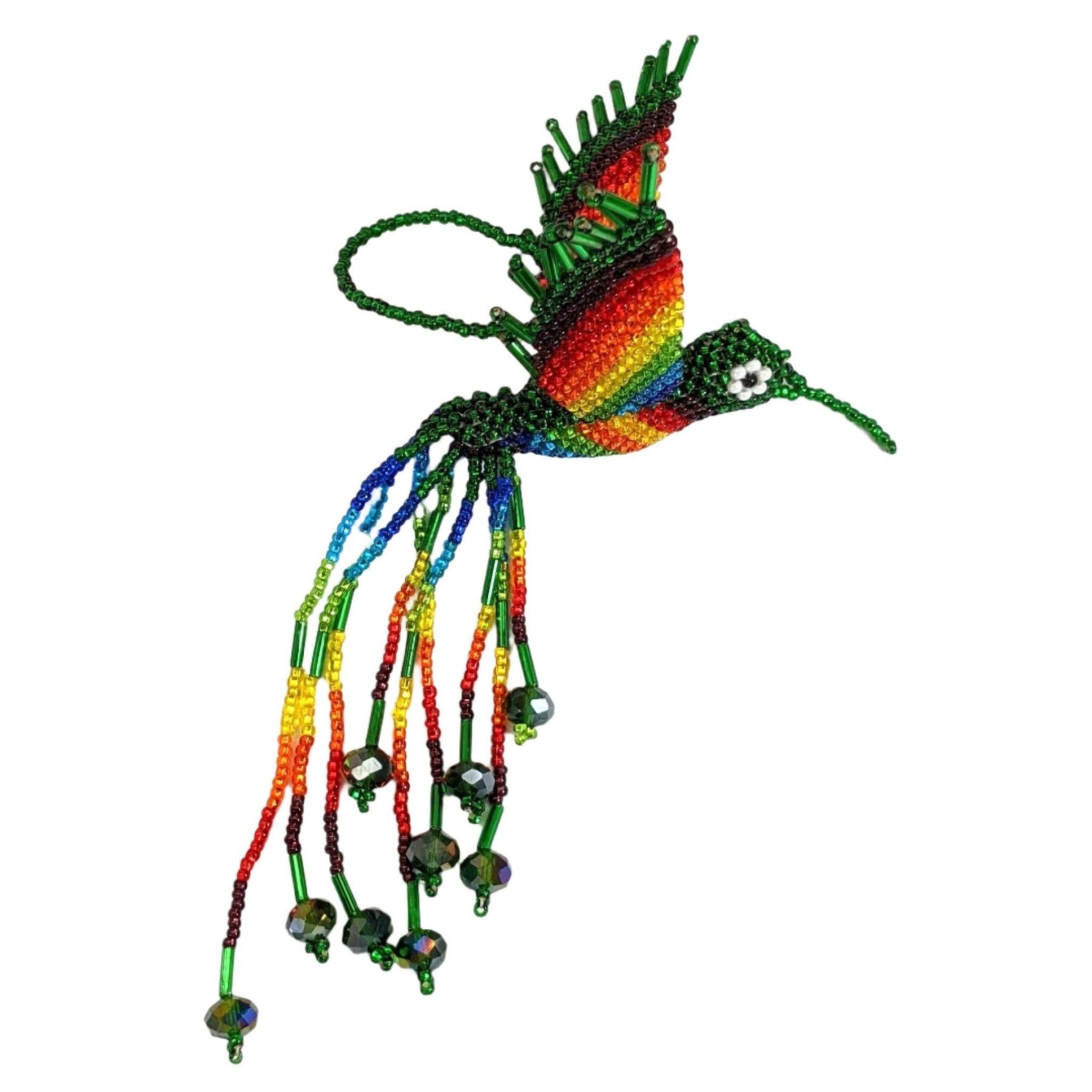 Hummingbird Beaded Ornament - Rainbow with Deep Green - A Thread of Hope Guatemalan Fair Trade