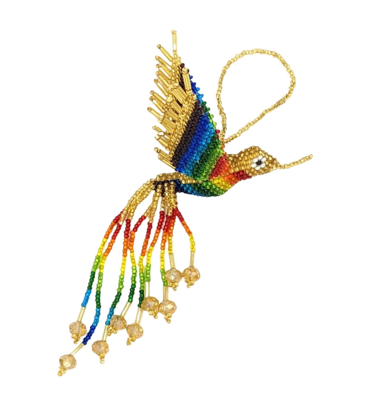 Hummingbird Beaded Ornament - Rainbow with Gold - A Thread of Hope Guatemalan Fair Trade