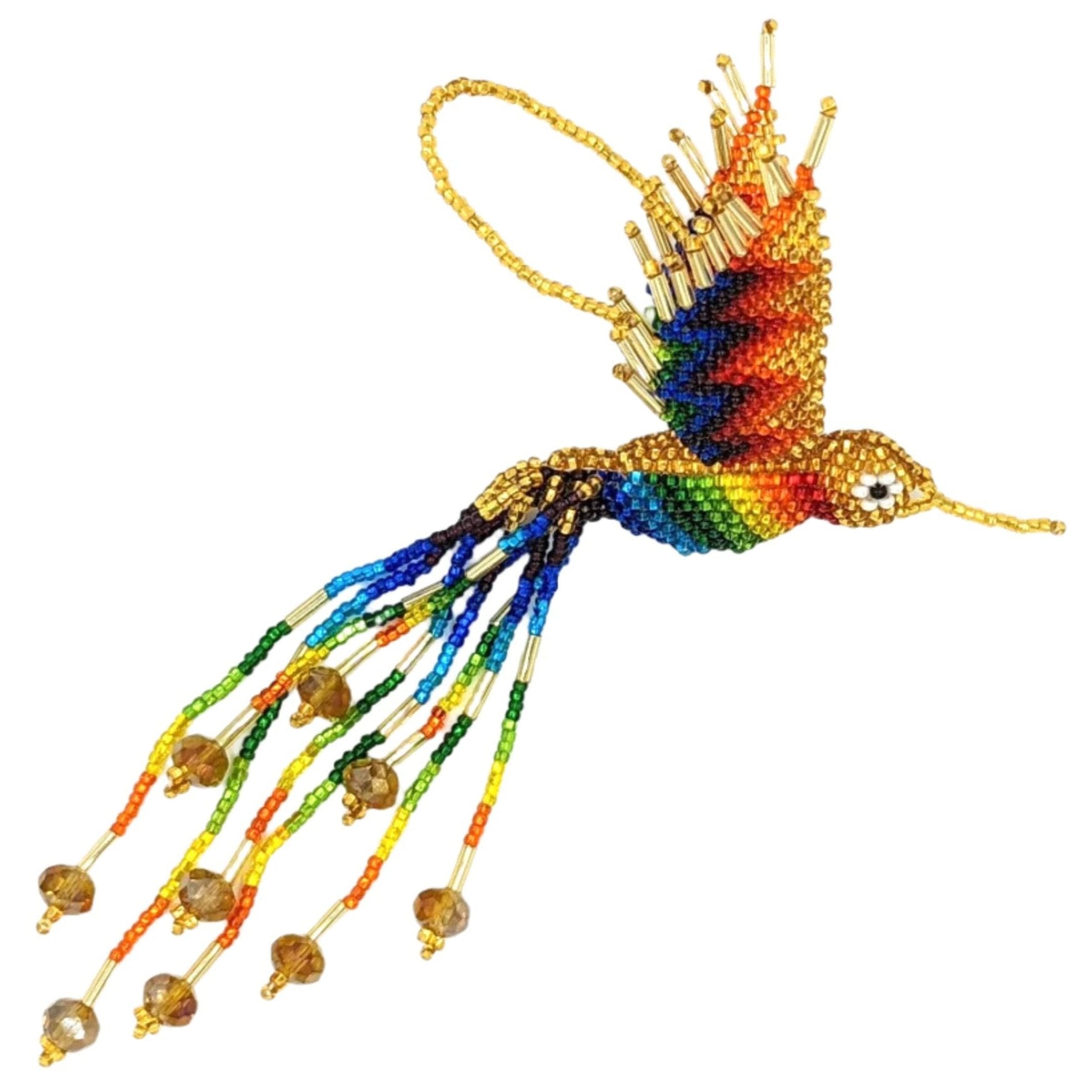 Hummingbird Beaded Ornament - Rainbow with Gold - A Thread of Hope Guatemalan Fair Trade