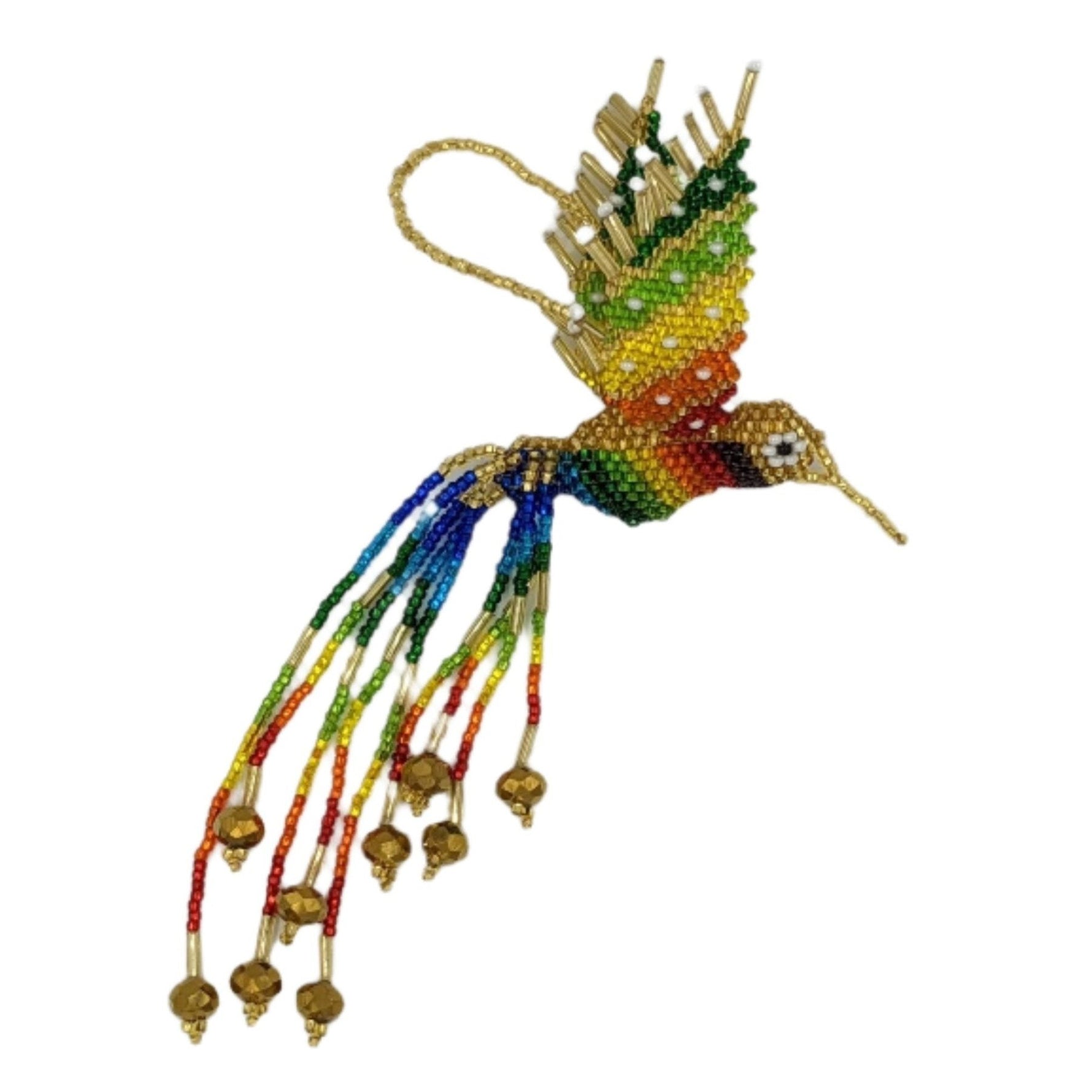 Hummingbird Beaded Ornament - Rainbow with Gold and Pearl White Accents - A Thread of Hope Guatemalan Fair Trade