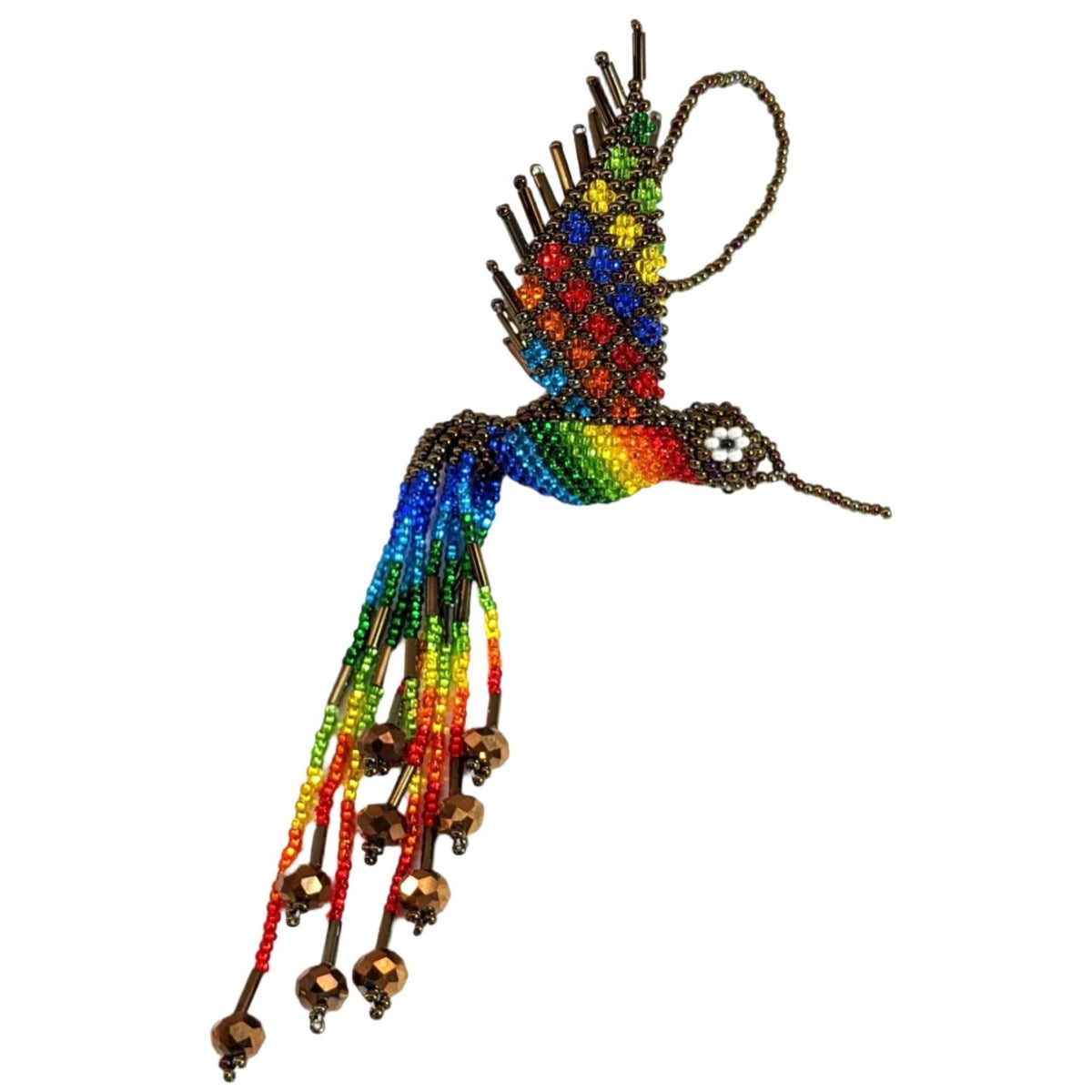 Hummingbird Beaded Ornament - Rainbow with Iridescent Brown - A Thread of Hope Guatemalan Fair Trade