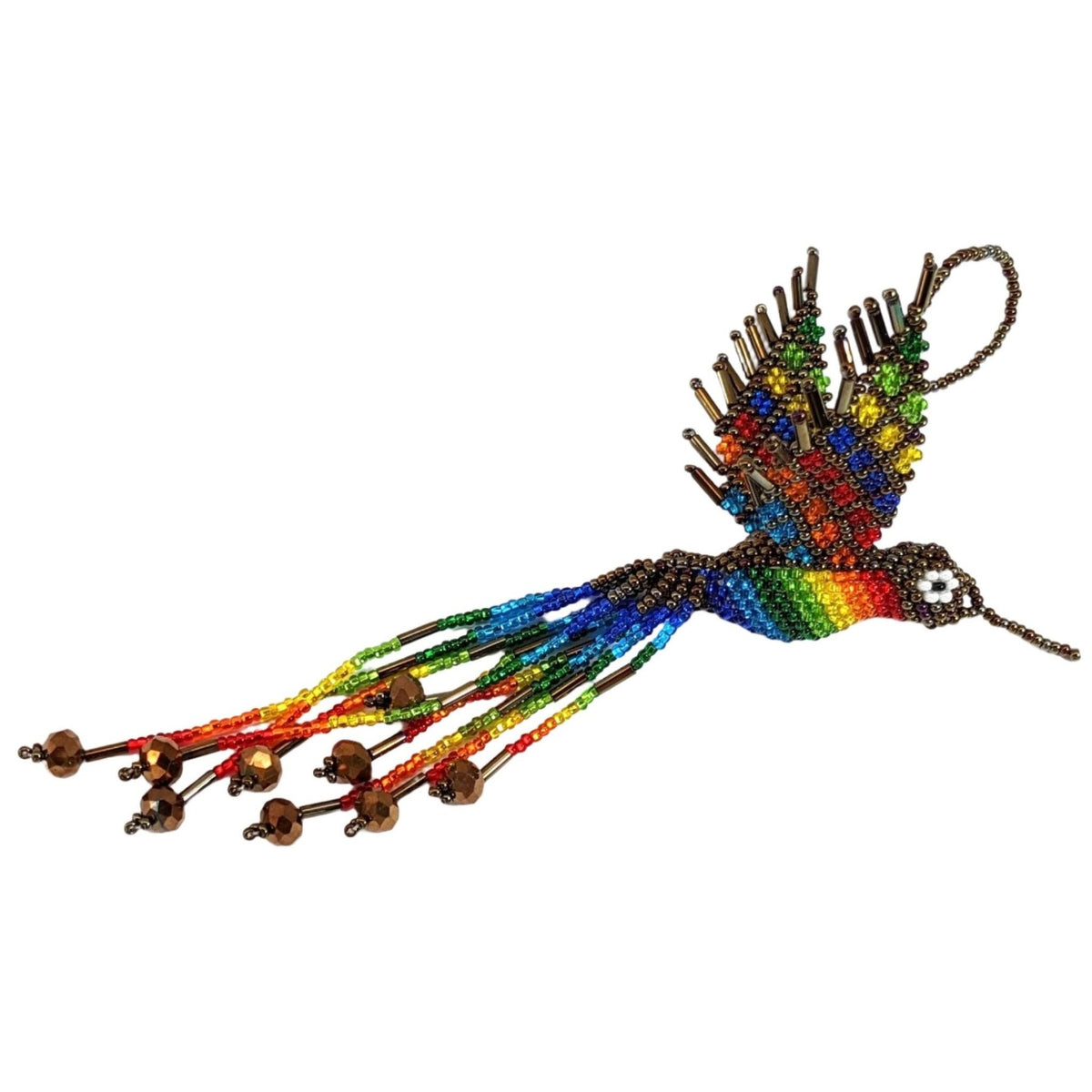 Hummingbird Beaded Ornament - Rainbow with Iridescent Brown - A Thread of Hope Guatemalan Fair Trade