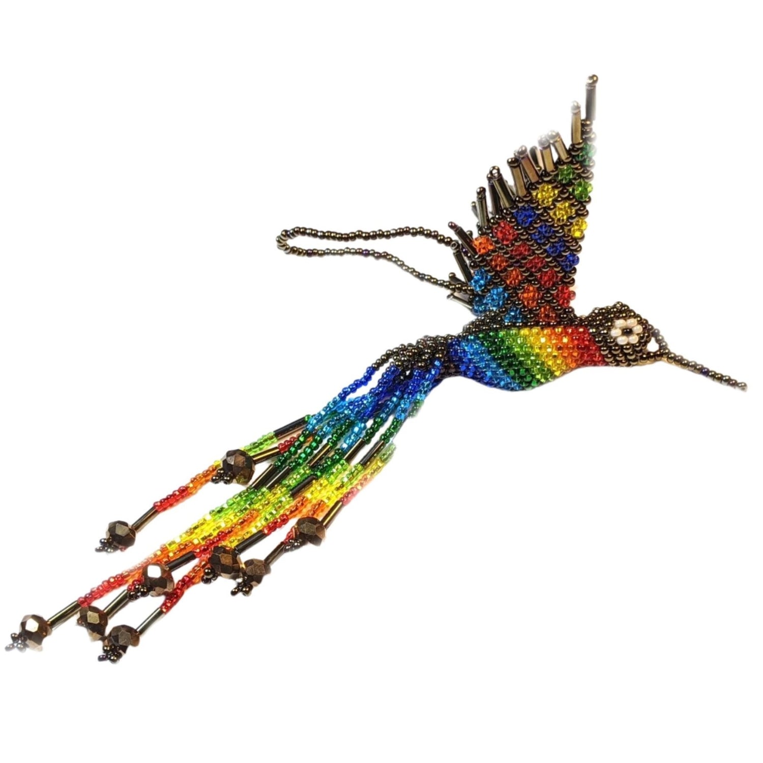 Hummingbird Beaded Ornament - Rainbow with Iridescent Brown - A Thread of Hope Guatemalan Fair Trade