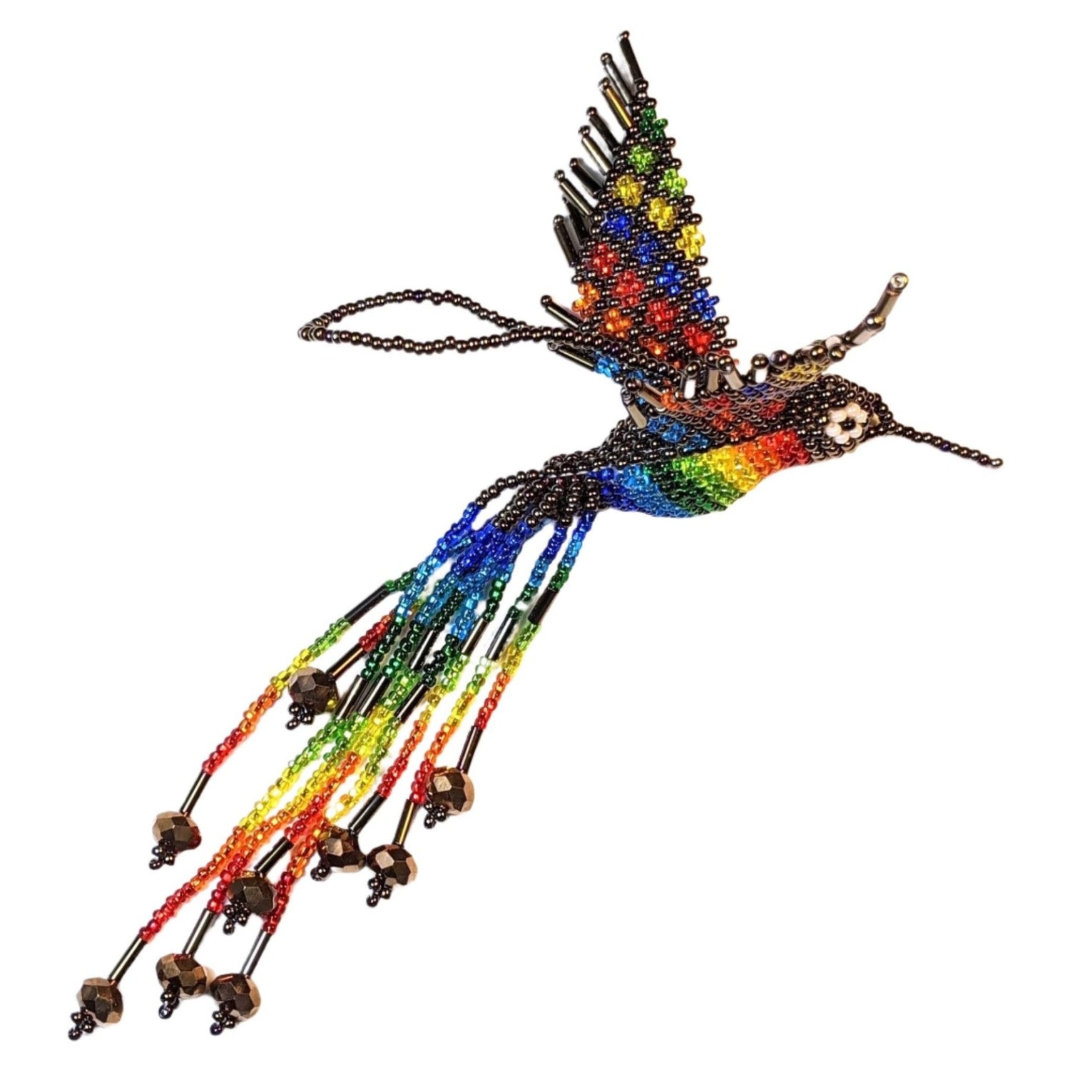 Hummingbird Beaded Ornament - Rainbow with Iridescent Brown - A Thread of Hope Guatemalan Fair Trade