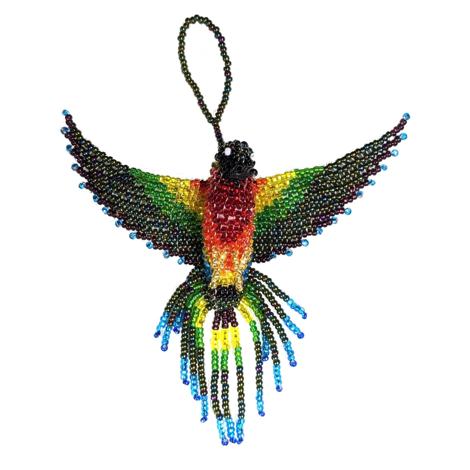 Hummingbird Beaded Ornament - Rainbow with Iridescent Green - A Thread of Hope Guatemalan Fair Trade