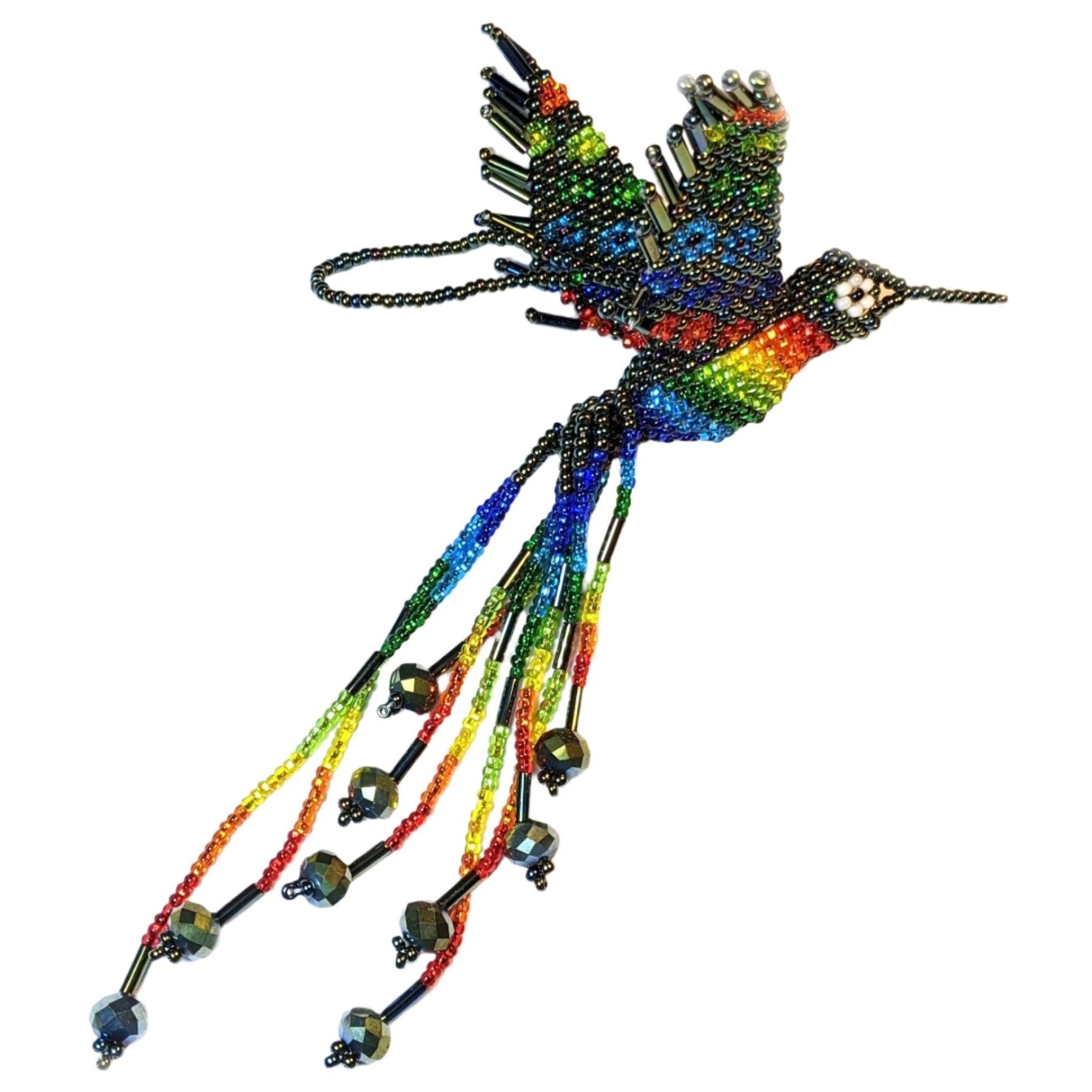 Hummingbird Beaded Ornament - Rainbow with Iridescent Green - A Thread of Hope Guatemalan Fair Trade