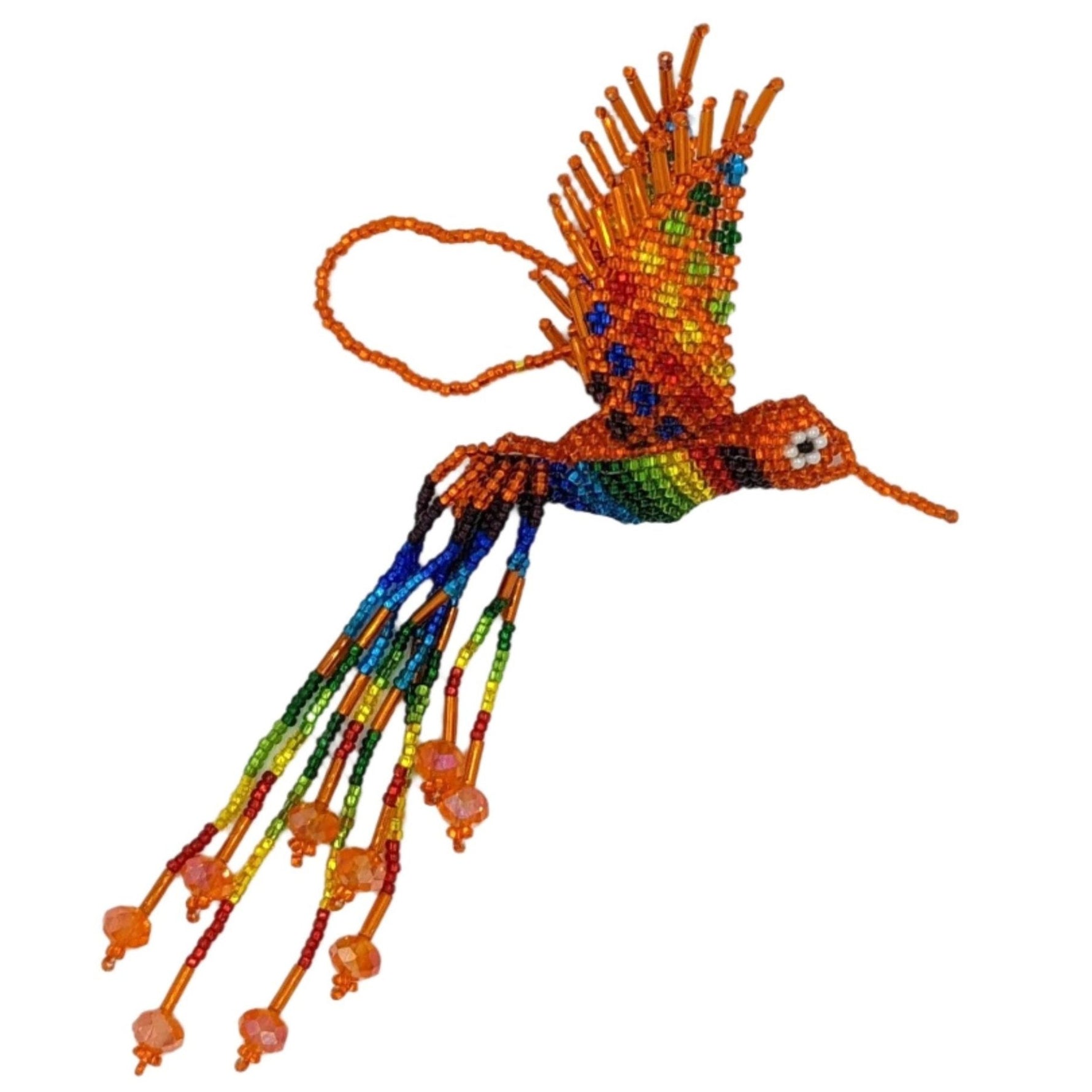 Hummingbird Beaded Ornament - Rainbow with Orange - A Thread of Hope Guatemalan Fair Trade