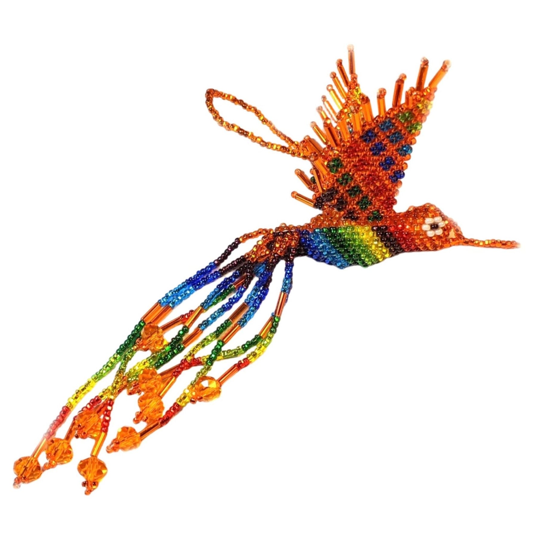 Hummingbird Beaded Ornament - Rainbow with Orange - A Thread of Hope Guatemalan Fair Trade