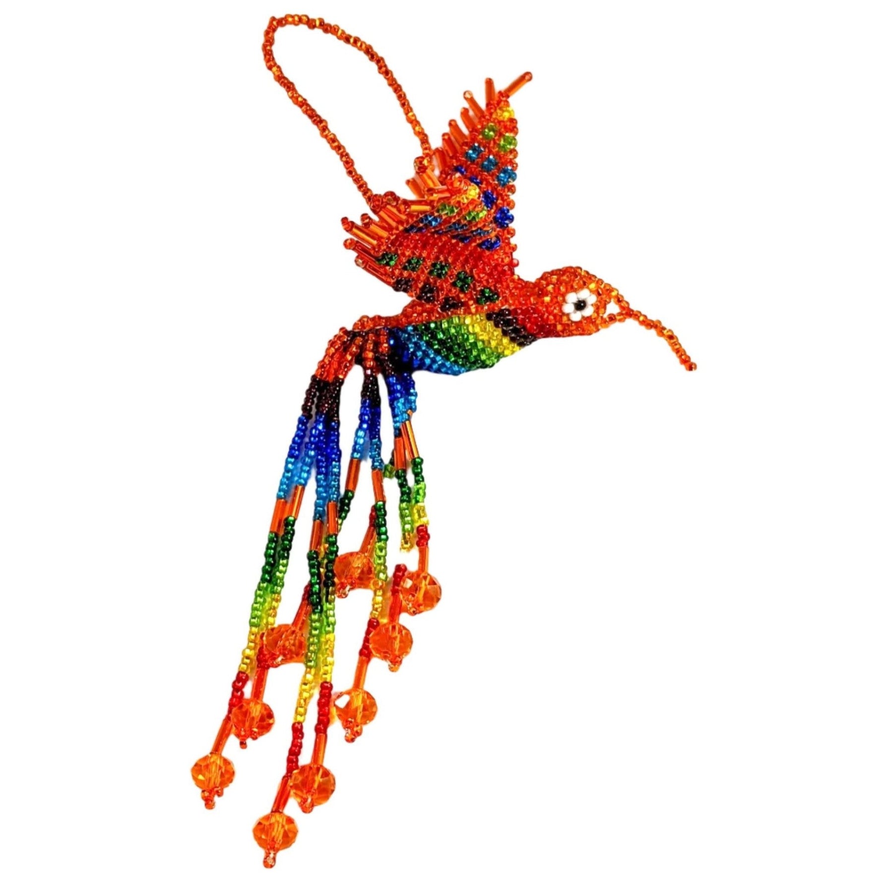 Hummingbird Beaded Ornament - Rainbow with Orange - A Thread of Hope Guatemalan Fair Trade