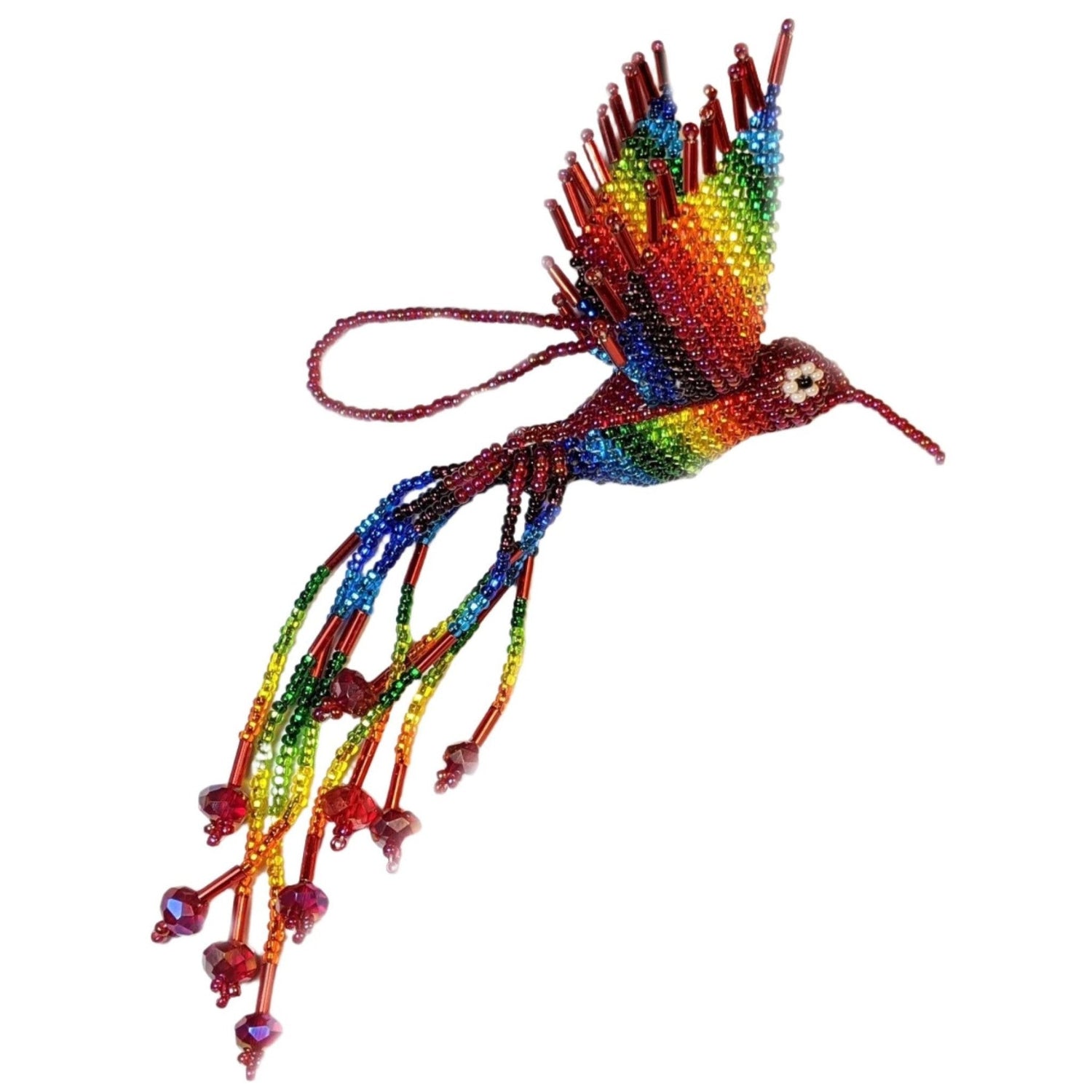 Hummingbird Beaded Ornament - Rainbow with Red - A Thread of Hope Guatemalan Fair Trade