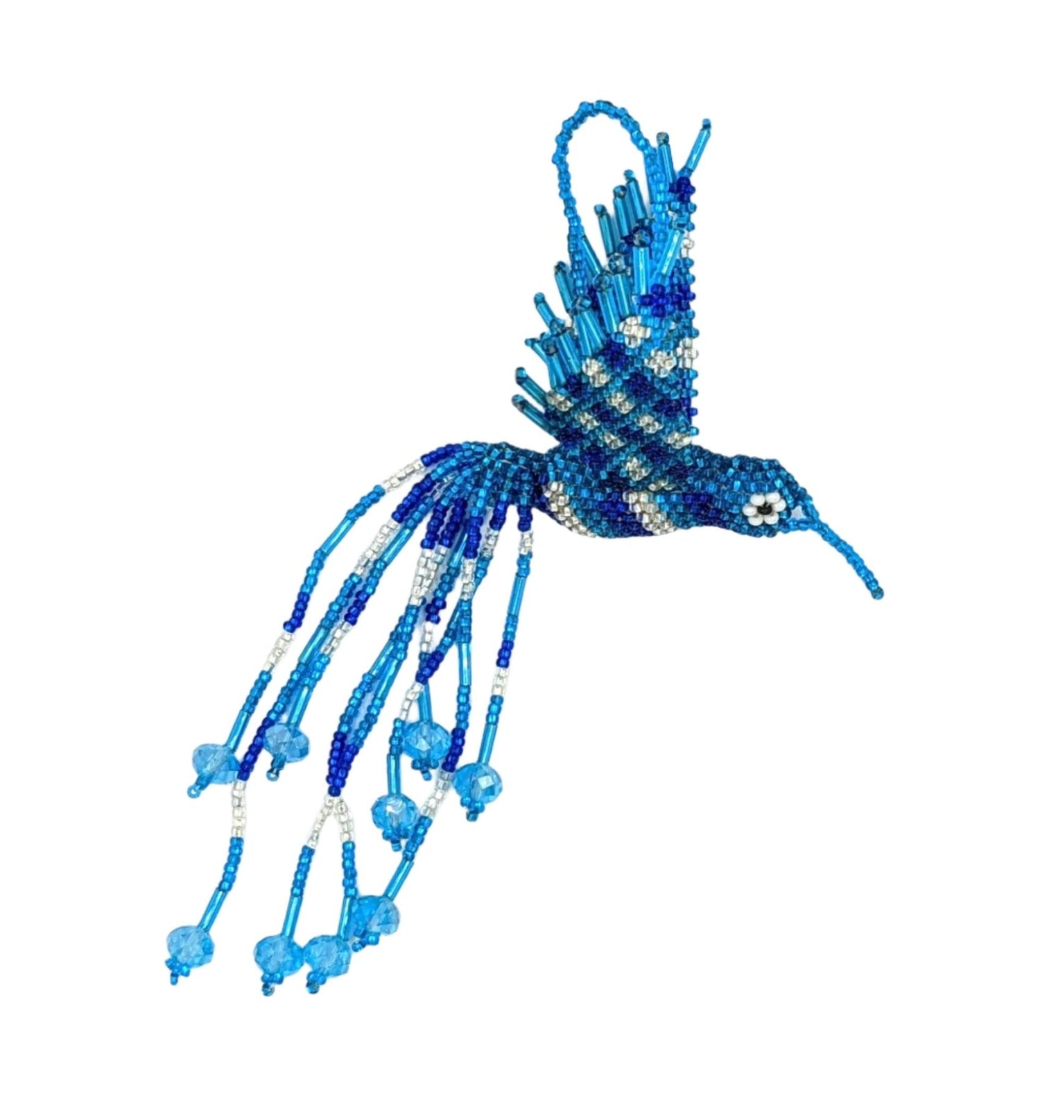 Hummingbird Beaded Ornament - Sapphire Blue, Celestial Blue, and Silver White - A Thread of Hope Guatemalan Fair Trade