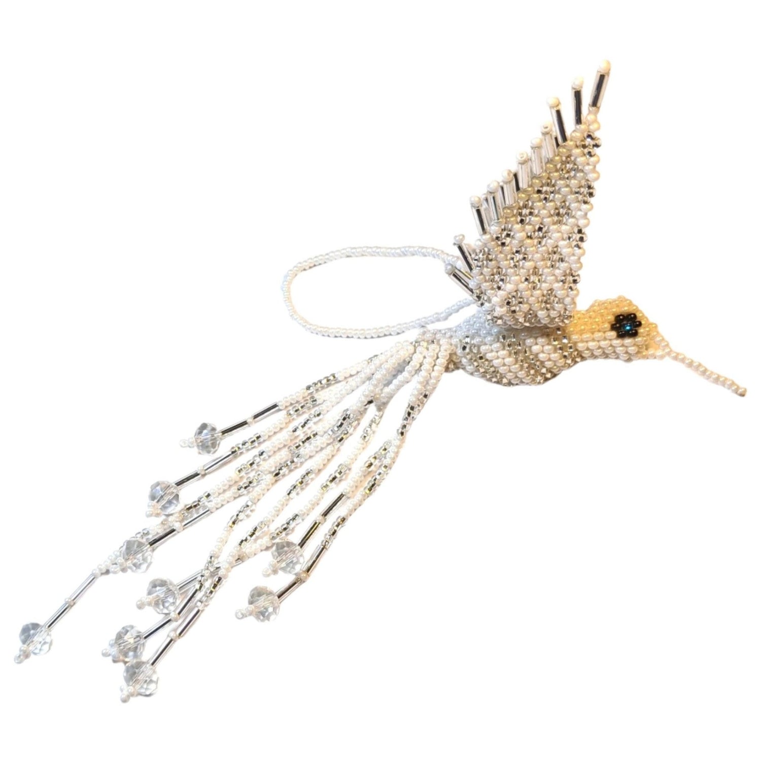 Hummingbird Beaded Ornament - Silver White and Opaque White - A Thread of Hope Guatemalan Fair Trade