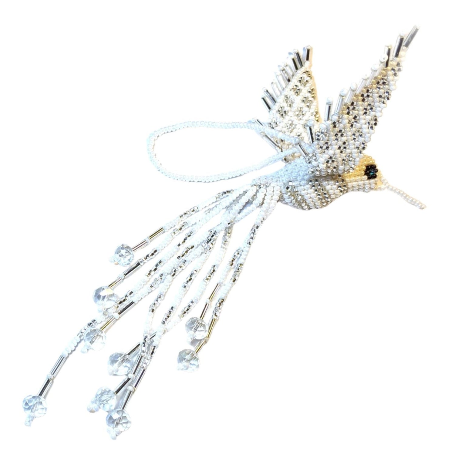 Hummingbird Beaded Ornament - Silver White and Opaque White - A Thread of Hope Guatemalan Fair Trade