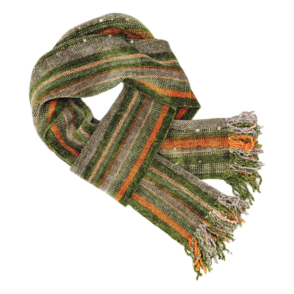 Light Green, Coffee, Cream and Orange Stripes with Ornamental Yarn Accents Bamboo Chenille Handwoven Scarf 8 x 68 - A Thread of Hope Guatemalan Fair Trade