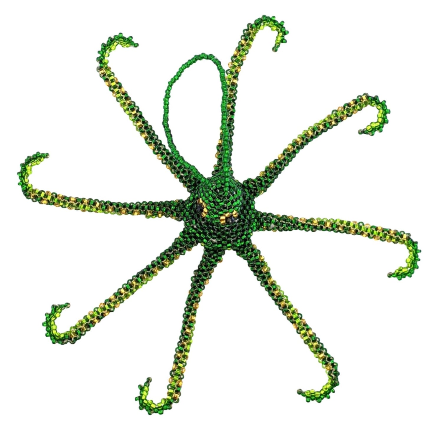 Octopus Beaded Ornament - Dark Green with Lime and Gold - A Thread of Hope Guatemalan Fair Trade