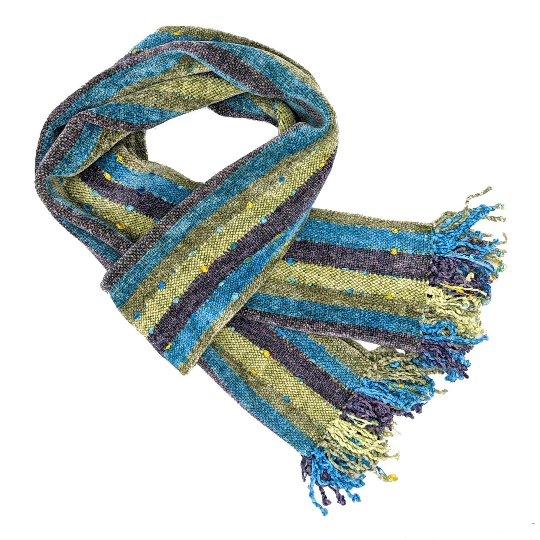 Olive, Turquoise and Lilac Stripes with Ornamental Yarn Accents Bamboo Chenille Handwoven Scarf 8 x 68 - A Thread of Hope Guatemalan Fair Trade