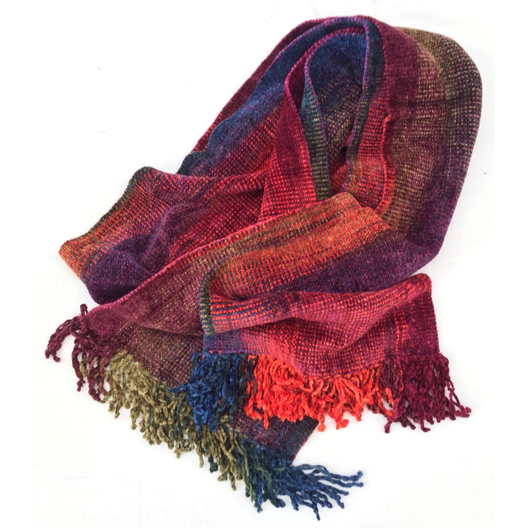 Orange, Blue, Burgundy and Olive Bamboo Chenille Handwoven Scarf 8 x 68 - A Thread of Hope Guatemalan Fair Trade