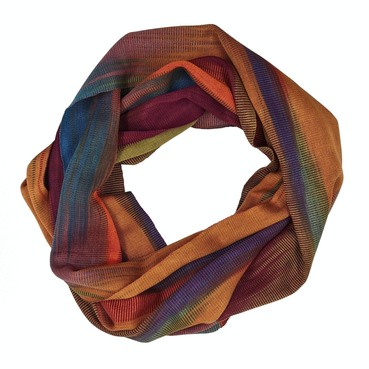 Orange, Blue, Burgundy and Olive Lightweight Bamboo Handwoven Infinity Scarf 11 x 68 - A Thread of Hope Guatemalan Fair Trade