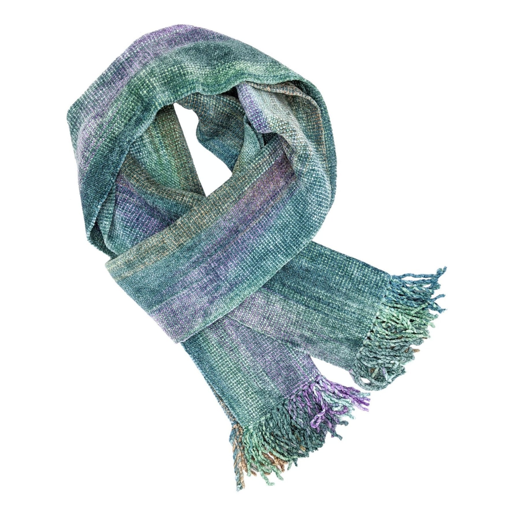 Pale Blue, Lilac, Jade and Beige Bamboo Chenille Handwoven Scarf 8 x 68 - A Thread of Hope Guatemalan Fair Trade