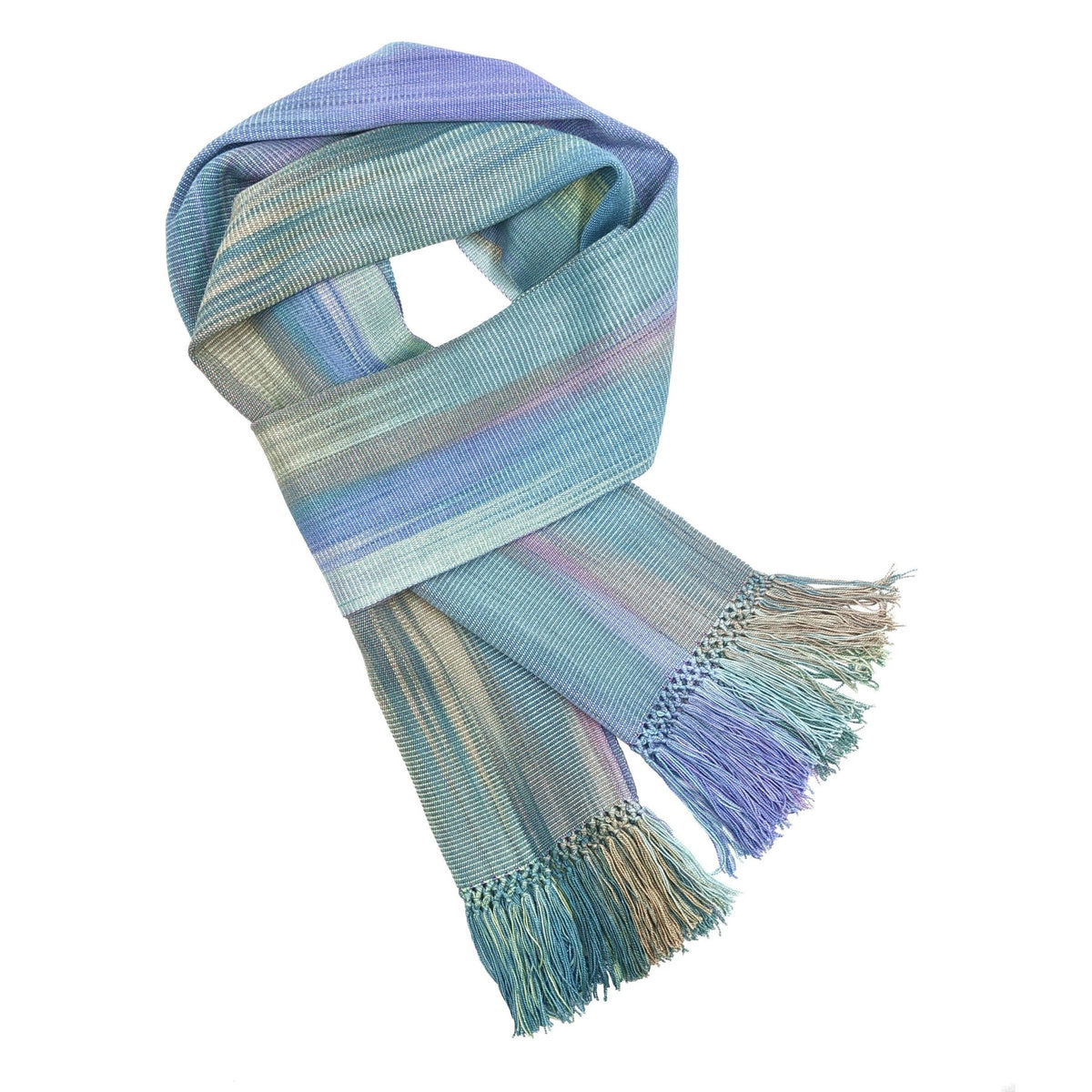 Pale Blue, Lilac, Jade and Beige Lightweight Bamboo Handwoven Scarf 8 x 68 - A Thread of Hope Guatemalan Fair Trade