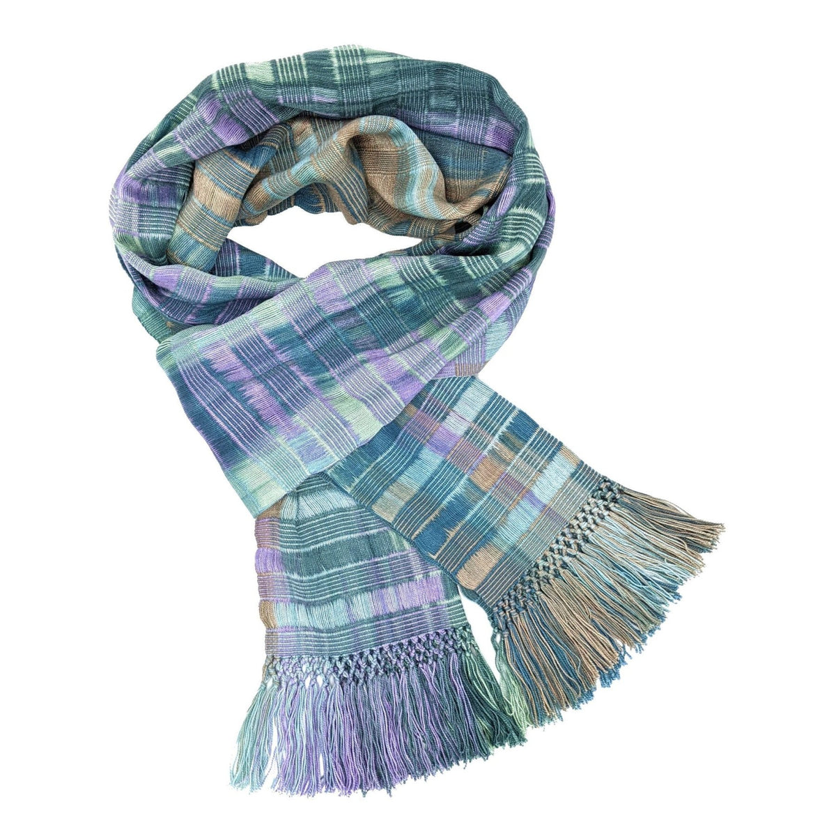 Pale Blue, Lilac, Jade and Beige Lightweight Bamboo Open - Weave Handwoven Scarf 8 x 68 - A Thread of Hope Guatemalan Fair Trade