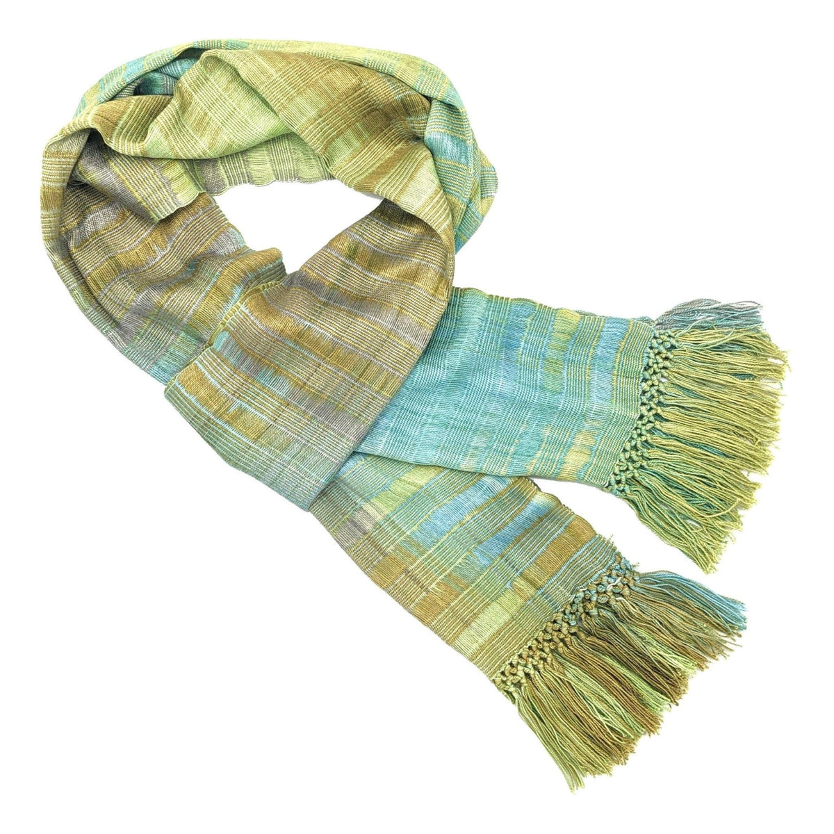 Pale Greens and Beige Lightweight Bamboo Open - Weave Handwoven Scarf 8 x 68 - A Thread of Hope Guatemalan Fair Trade