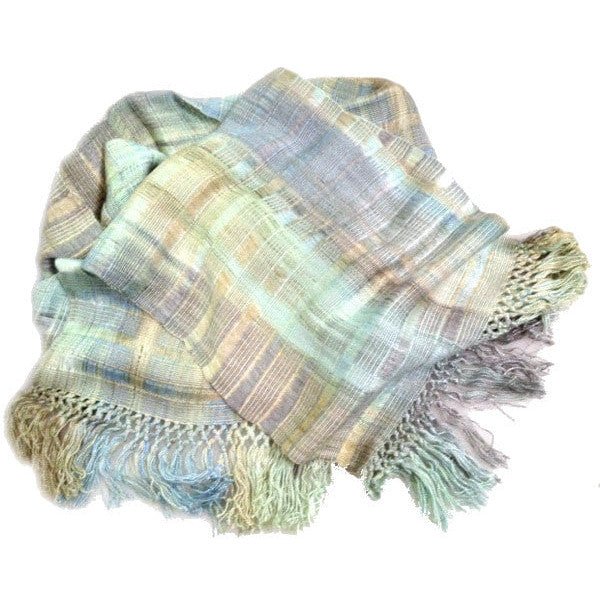 Pale Greens and Beige Lightweight Bamboo Open - Weave Handwoven Scarf 8 x 68 - A Thread of Hope Guatemalan Fair Trade