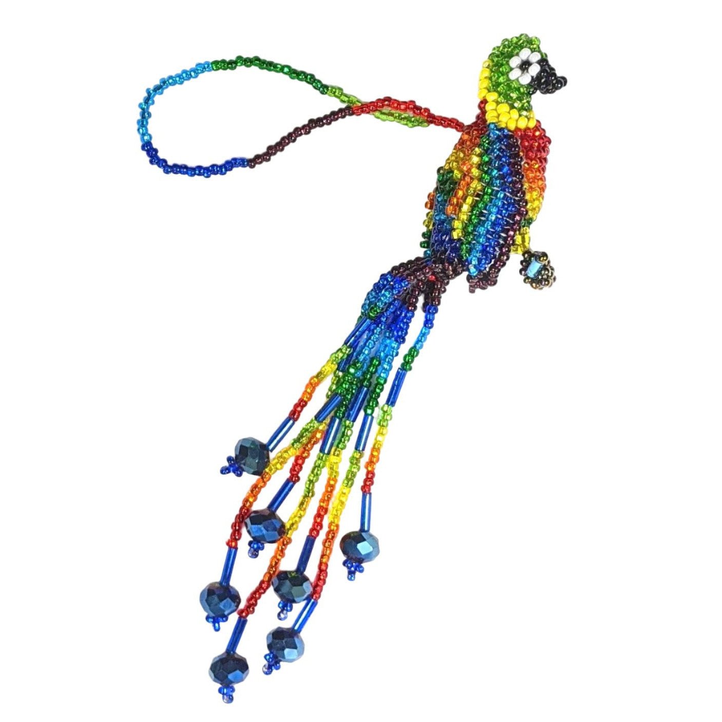 Parrot Beaded Ornament - Rainbow with Blue Crystals - A Thread of Hope Guatemalan Fair Trade