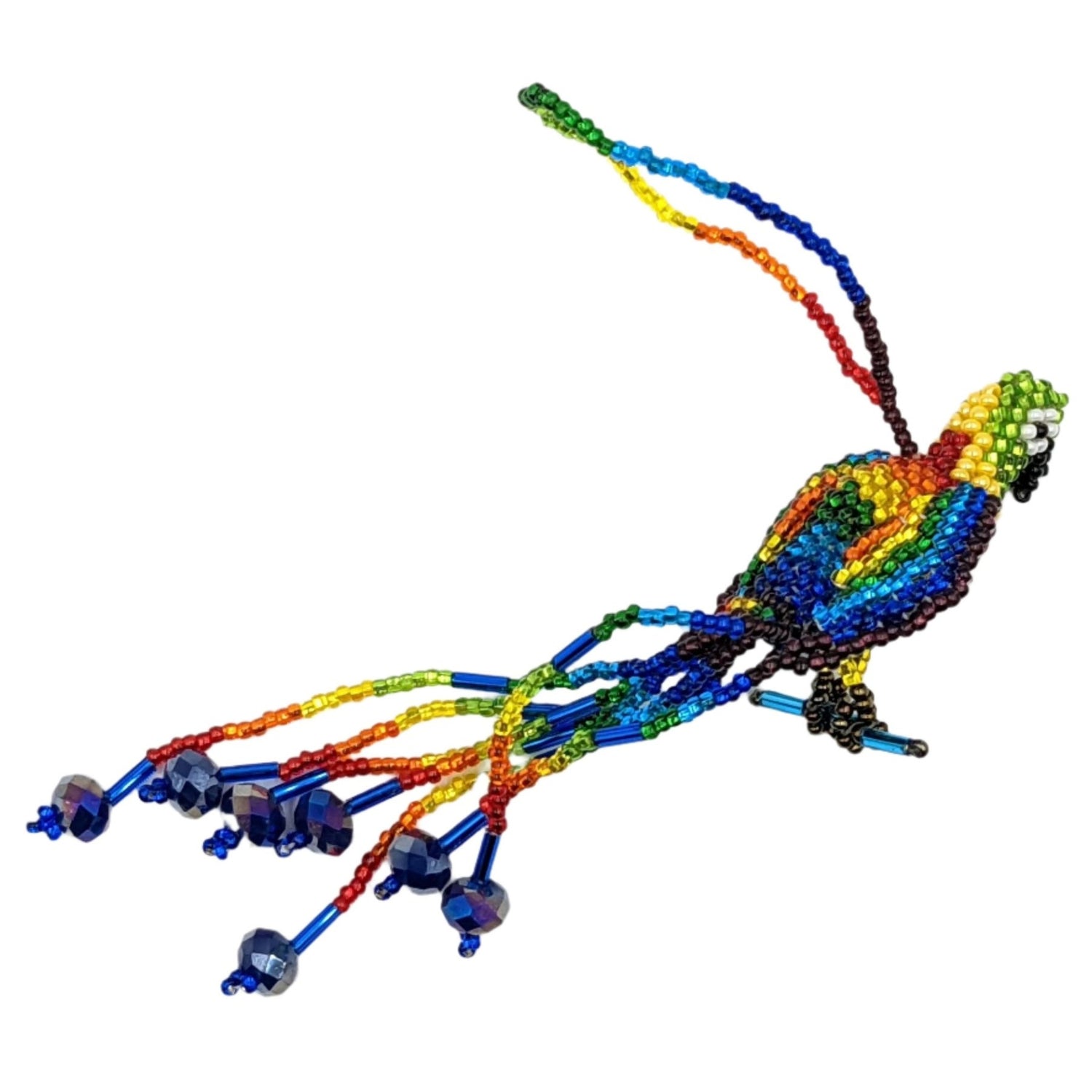 Parrot Beaded Ornament - Rainbow with Blue Crystals - A Thread of Hope Guatemalan Fair Trade