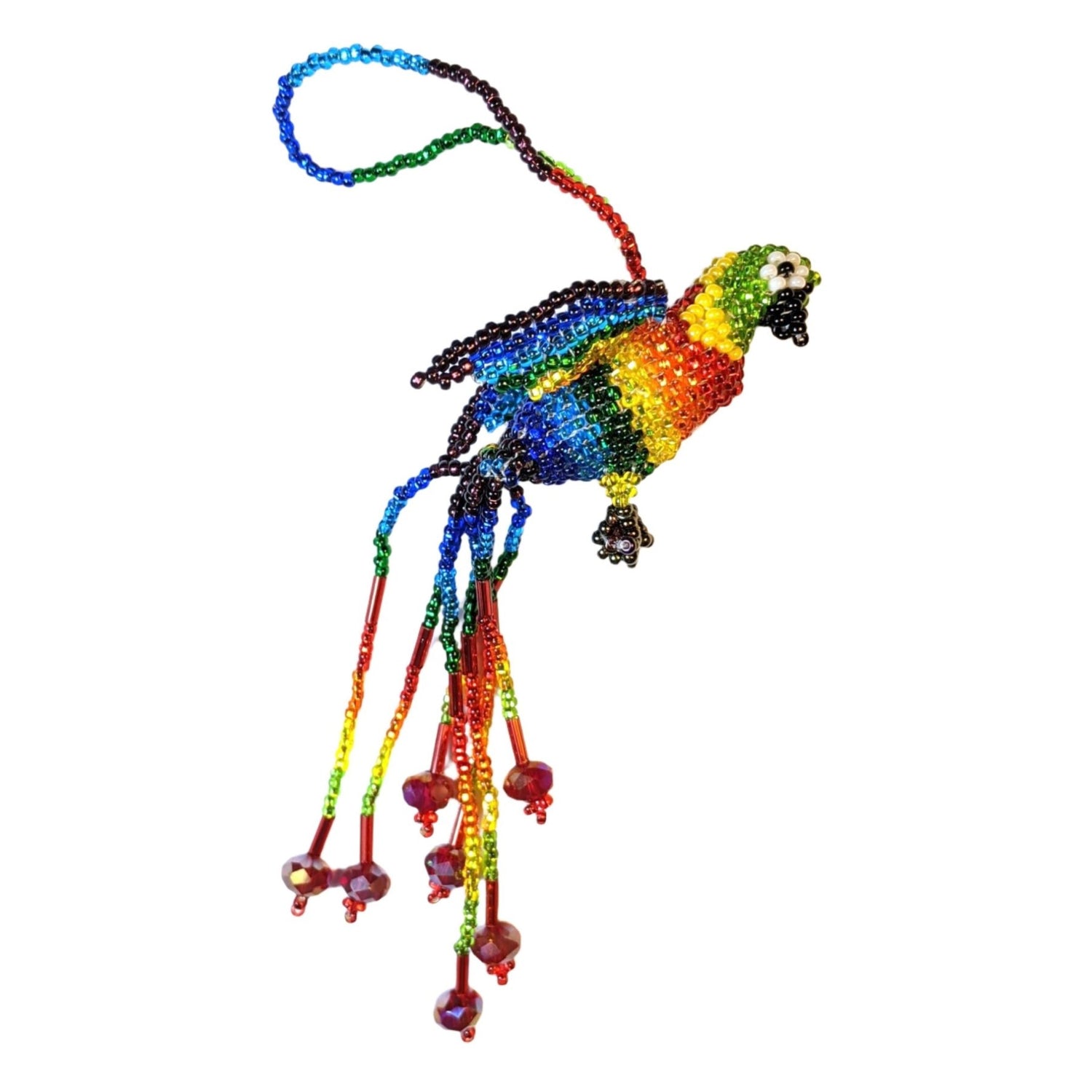 Parrot Beaded Ornament - Rainbow with Red Crystals - A Thread of Hope Guatemalan Fair Trade