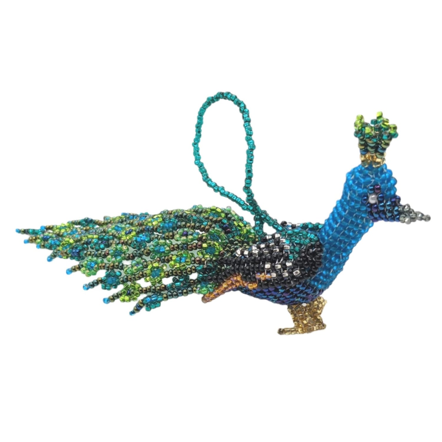 Peacock Beaded Ornament - Medium - Blue and Green - A Thread of Hope Guatemalan Fair Trade