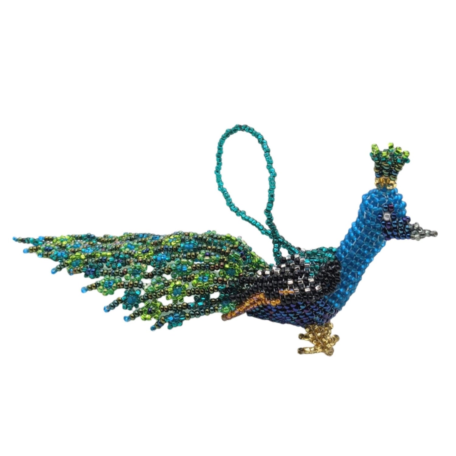 Peacock Beaded Ornament - Medium - Blue and Green - A Thread of Hope Guatemalan Fair Trade