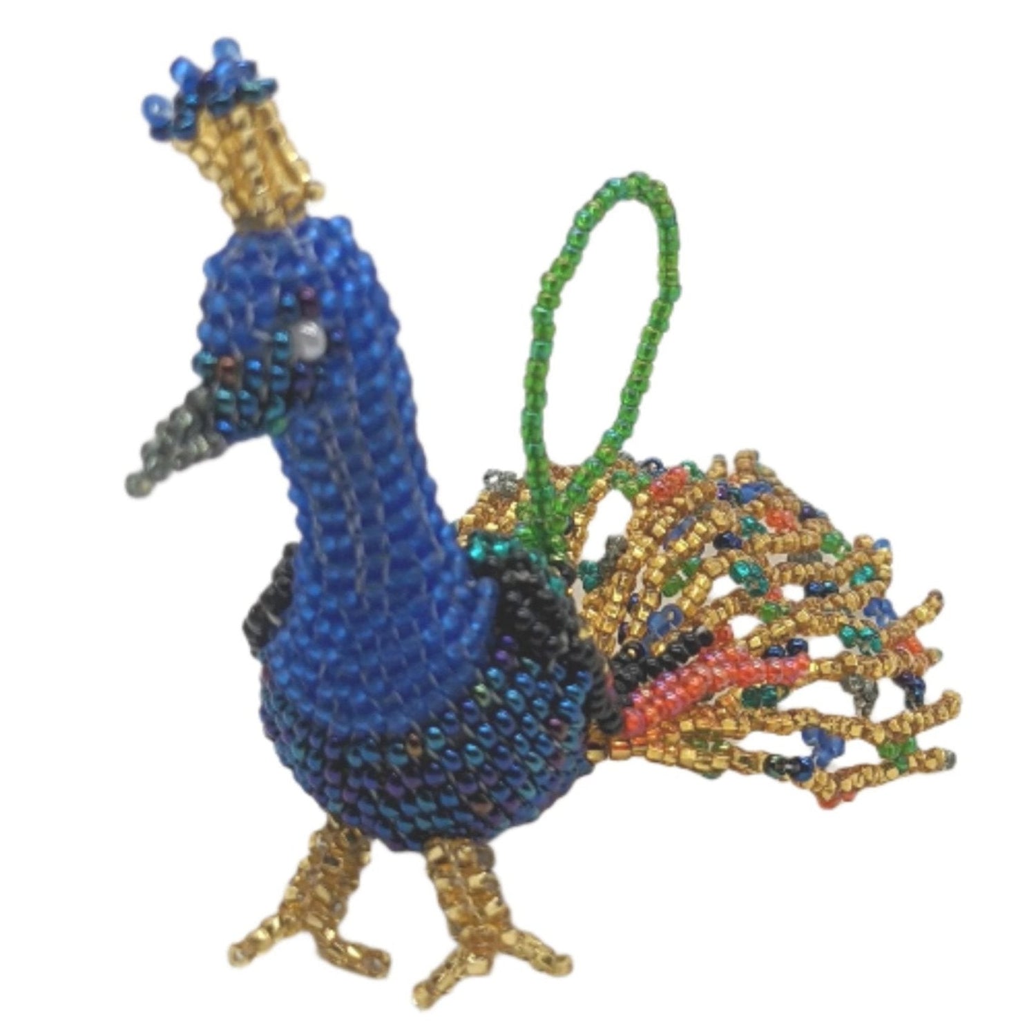 Peacock Beaded Ornament - Medium - Blue with Gold Multicolor Tail - A Thread of Hope Guatemalan Fair Trade