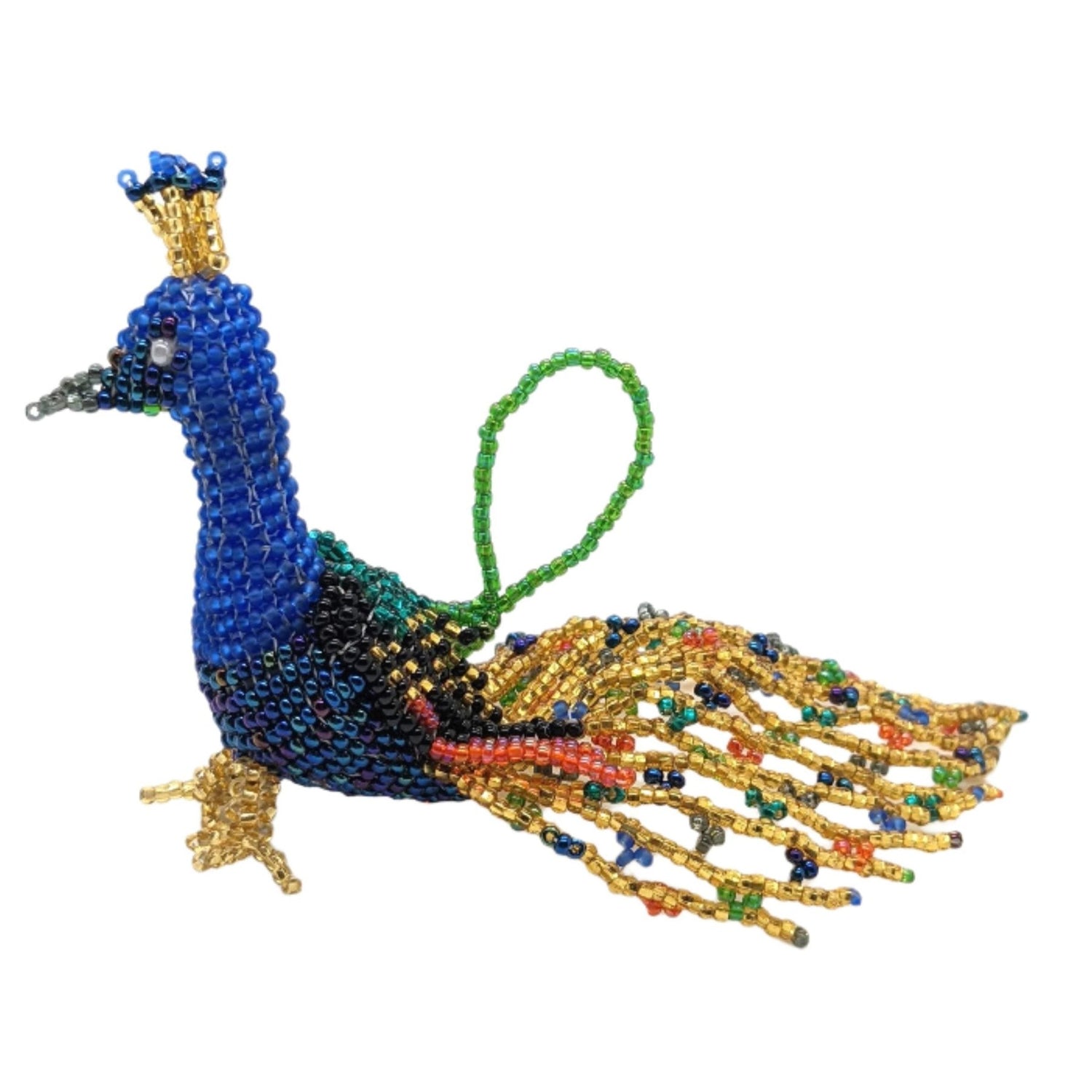 Peacock Beaded Ornament - Medium - Blue with Gold Multicolor Tail - A Thread of Hope Guatemalan Fair Trade