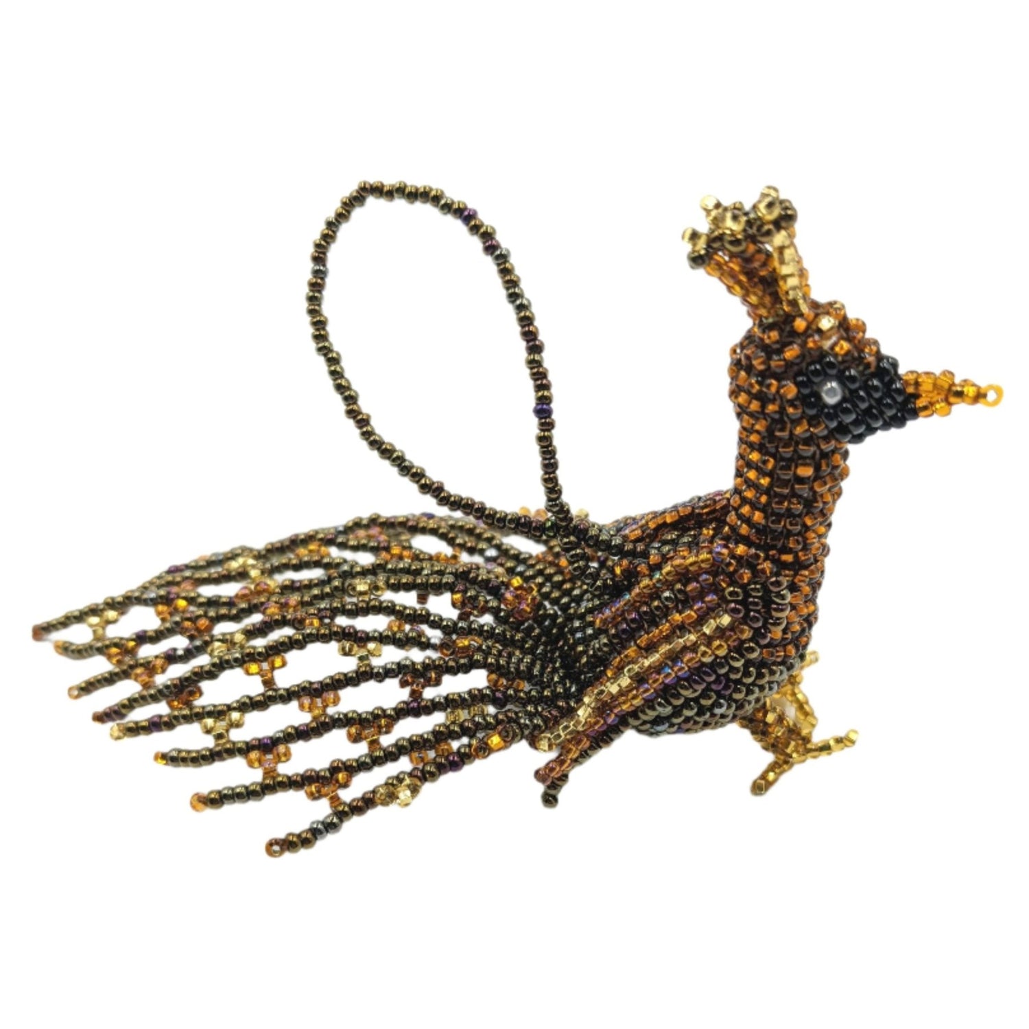 Peacock Beaded Ornament - Medium - Dark Golds and Iridescent Brown - A Thread of Hope Guatemalan Fair Trade