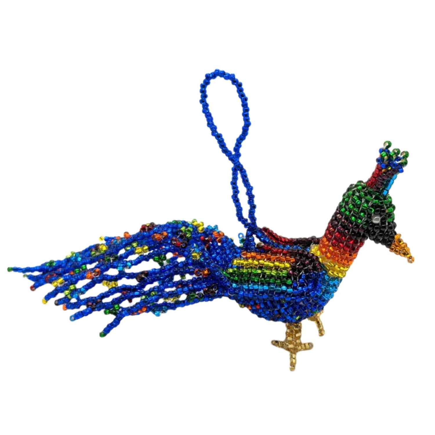 Peacock Beaded Ornament - Medium - Rainbow with Blue - A Thread of Hope Guatemalan Fair Trade