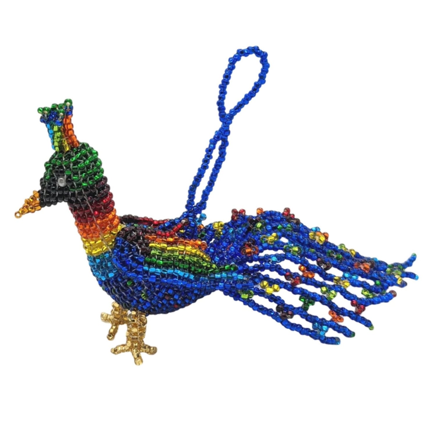 Peacock Beaded Ornament - Medium - Rainbow with Blue - A Thread of Hope Guatemalan Fair Trade