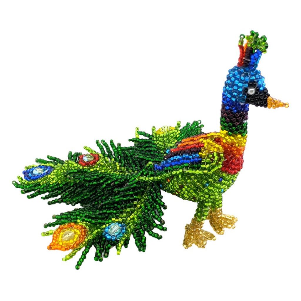 Peacock Beaded Table Ornament with Fancy Tail Feathers - A Thread of Hope Guatemalan Fair Trade