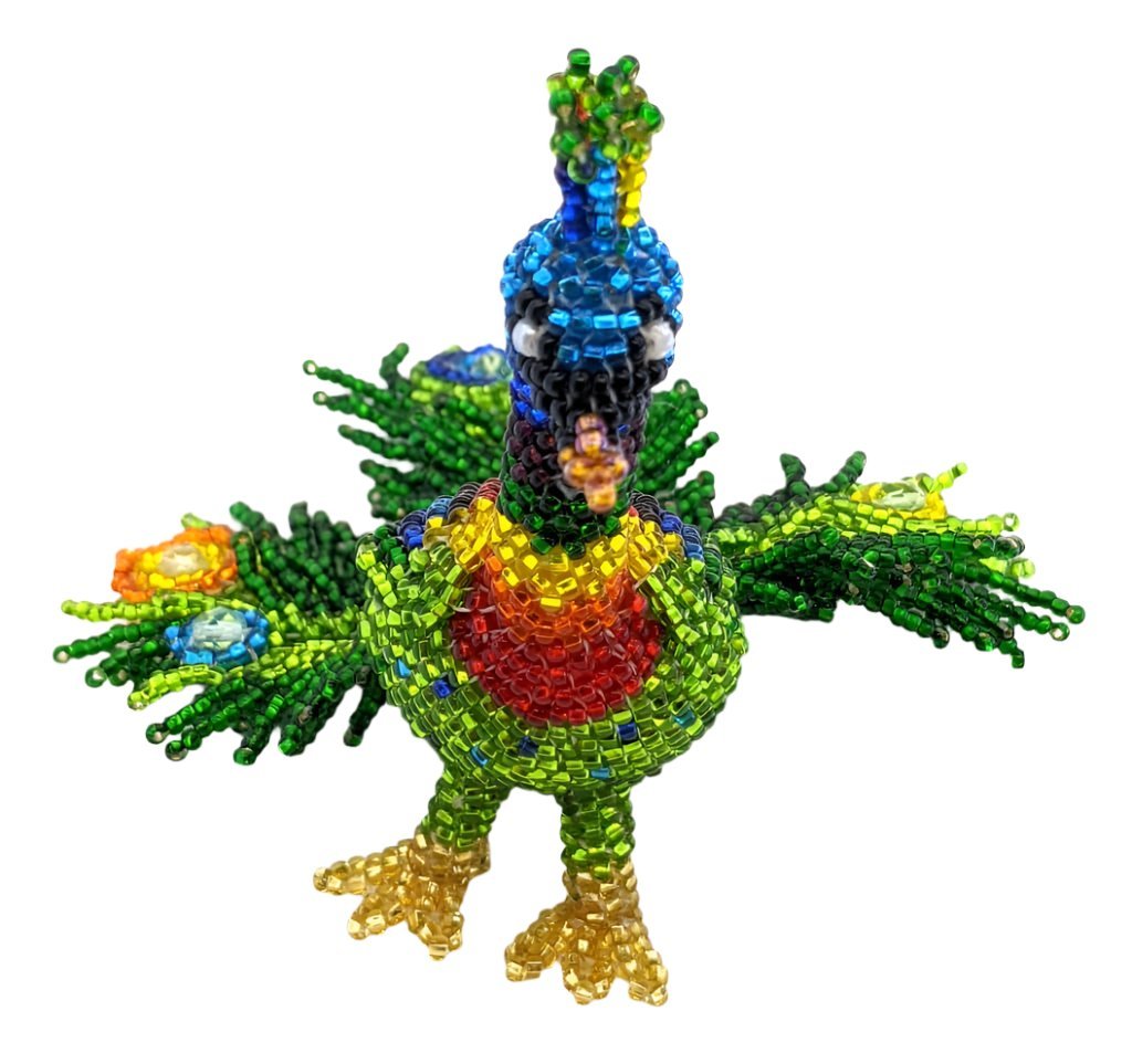 Peacock Beaded Table Ornament with Fancy Tail Feathers - A Thread of Hope Guatemalan Fair Trade