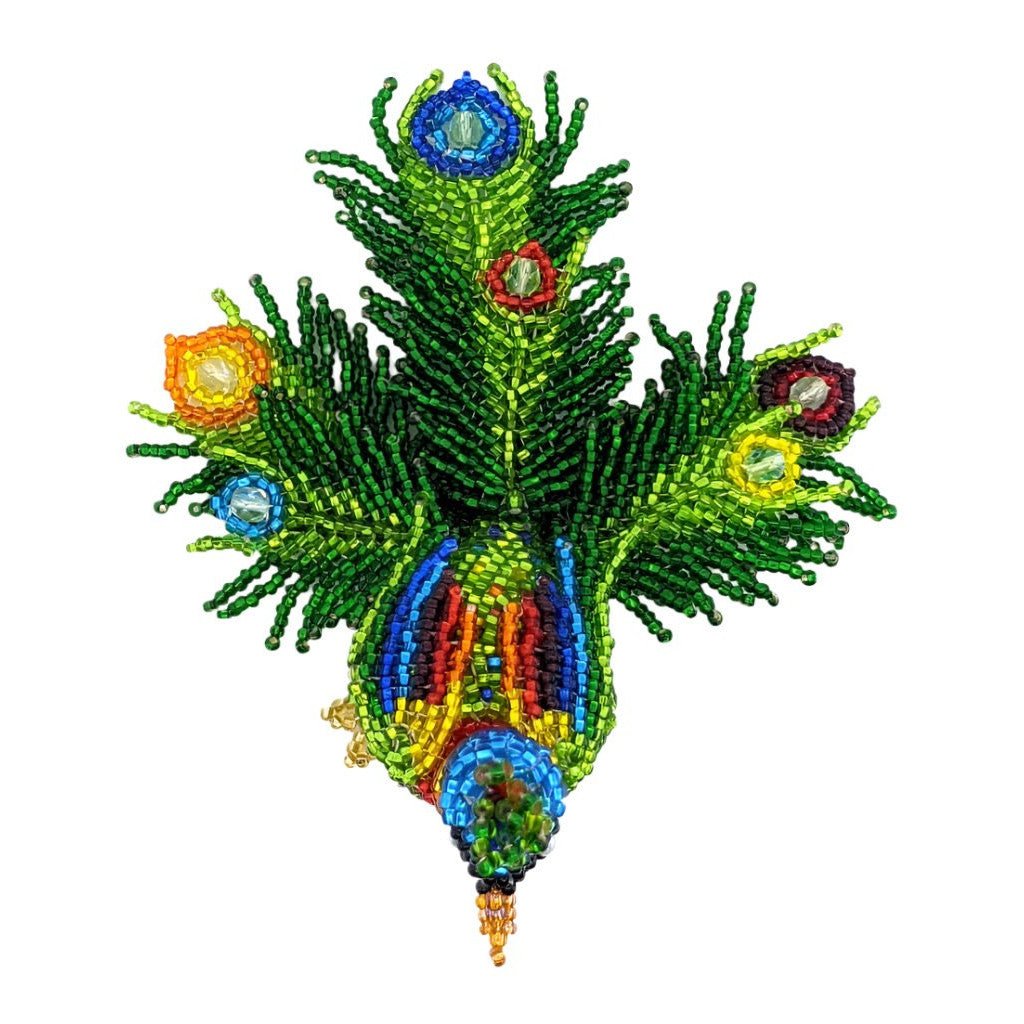 Peacock Beaded Table Ornament with Fancy Tail Feathers - A Thread of Hope Guatemalan Fair Trade