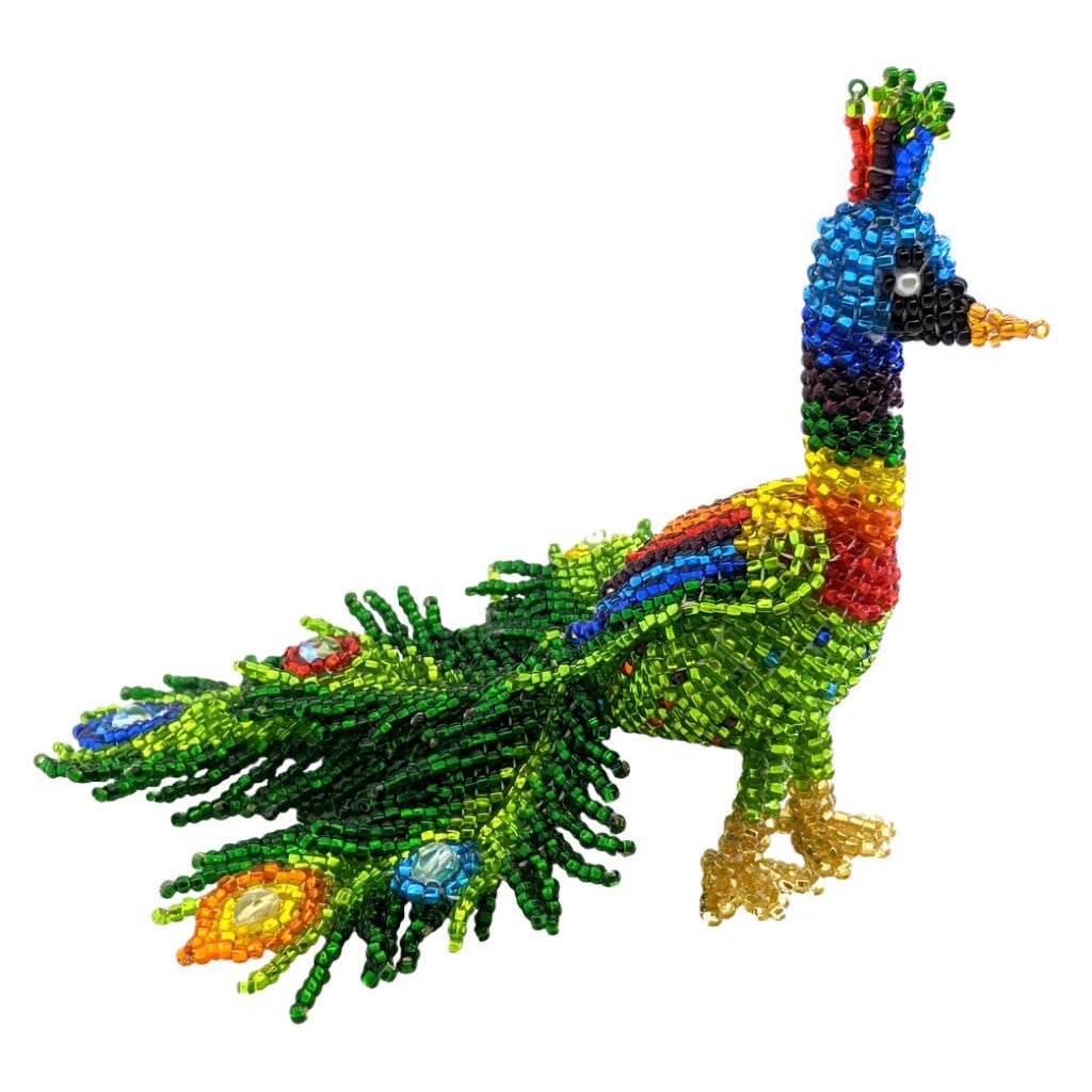 Peacock Beaded Table Ornament with Fancy Tail Feathers - A Thread of Hope Guatemalan Fair Trade