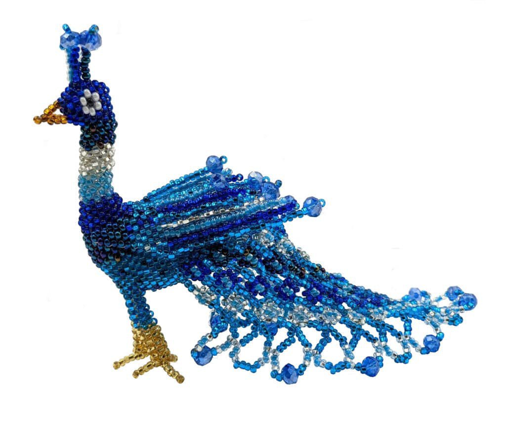 Peacock Large Beaded TabIe Ornament - Blues and White - A Thread of Hope Guatemalan Fair Trade