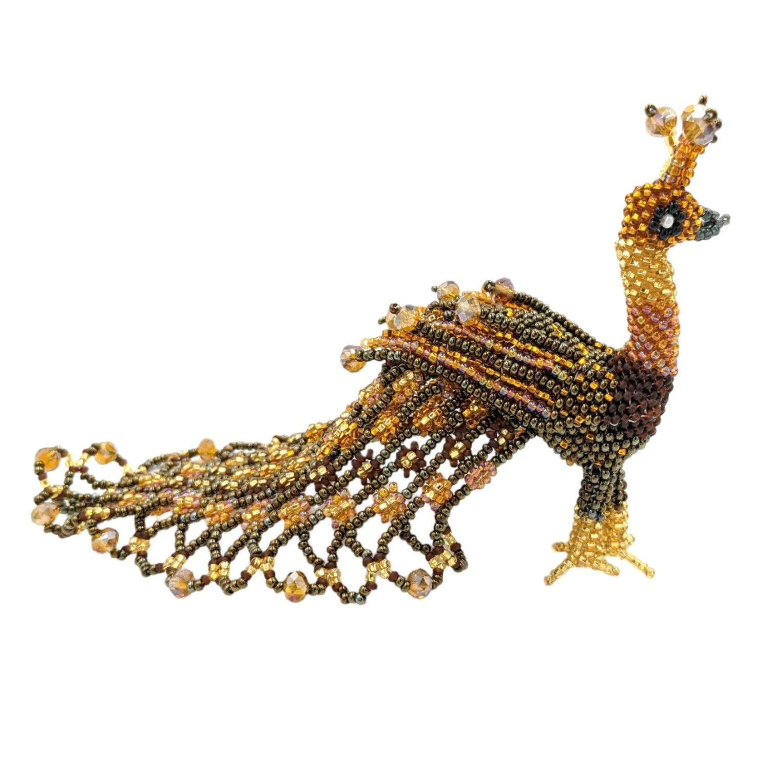 Peacock Large Beaded TabIe Ornament - Golds - A Thread of Hope Guatemalan Fair Trade