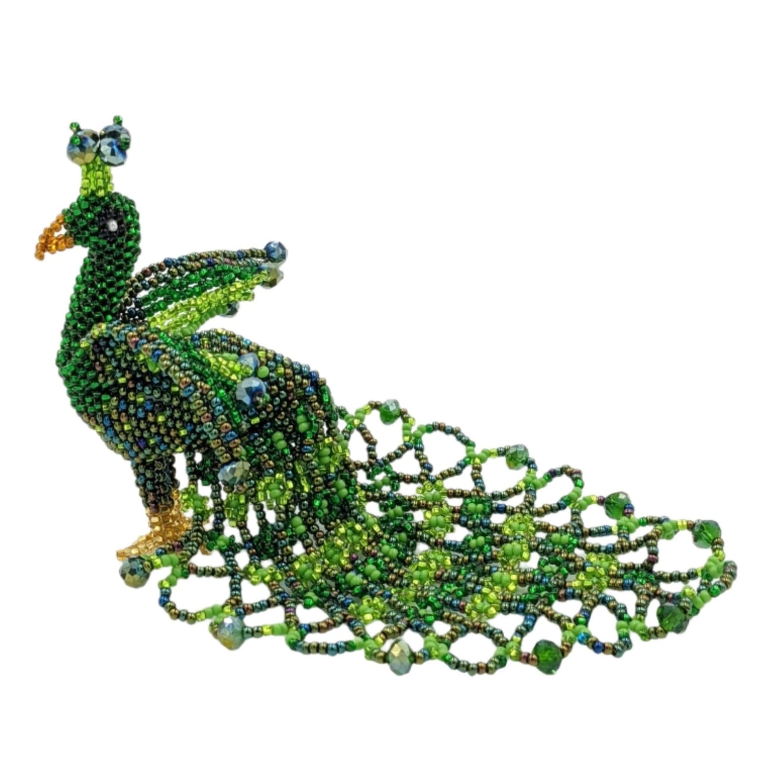 Peacock Large Beaded TabIe Ornament - Greens - A Thread of Hope Guatemalan Fair Trade