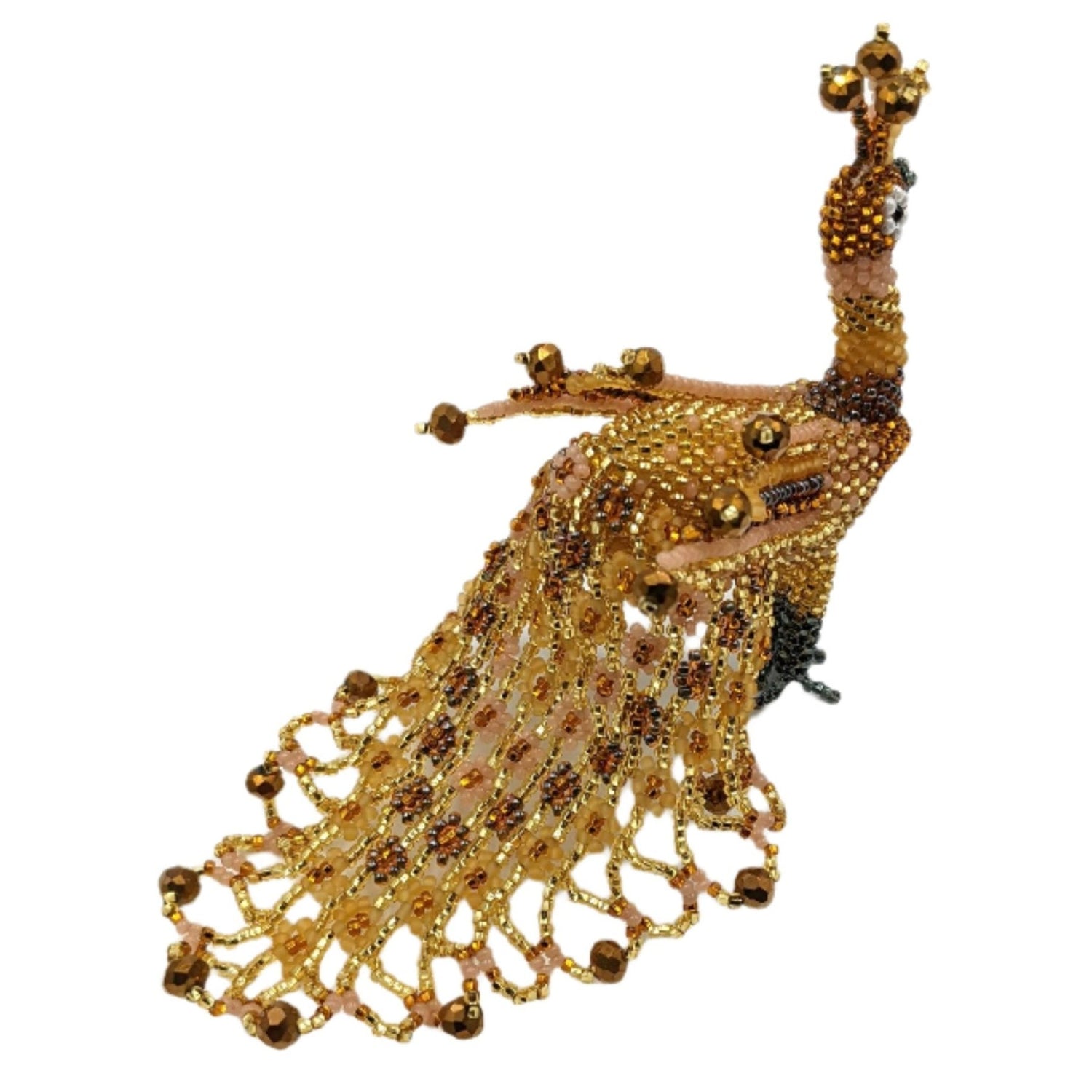 Peacock Large Beaded TabIe Ornament - Light Golds - A Thread of Hope Guatemalan Fair Trade