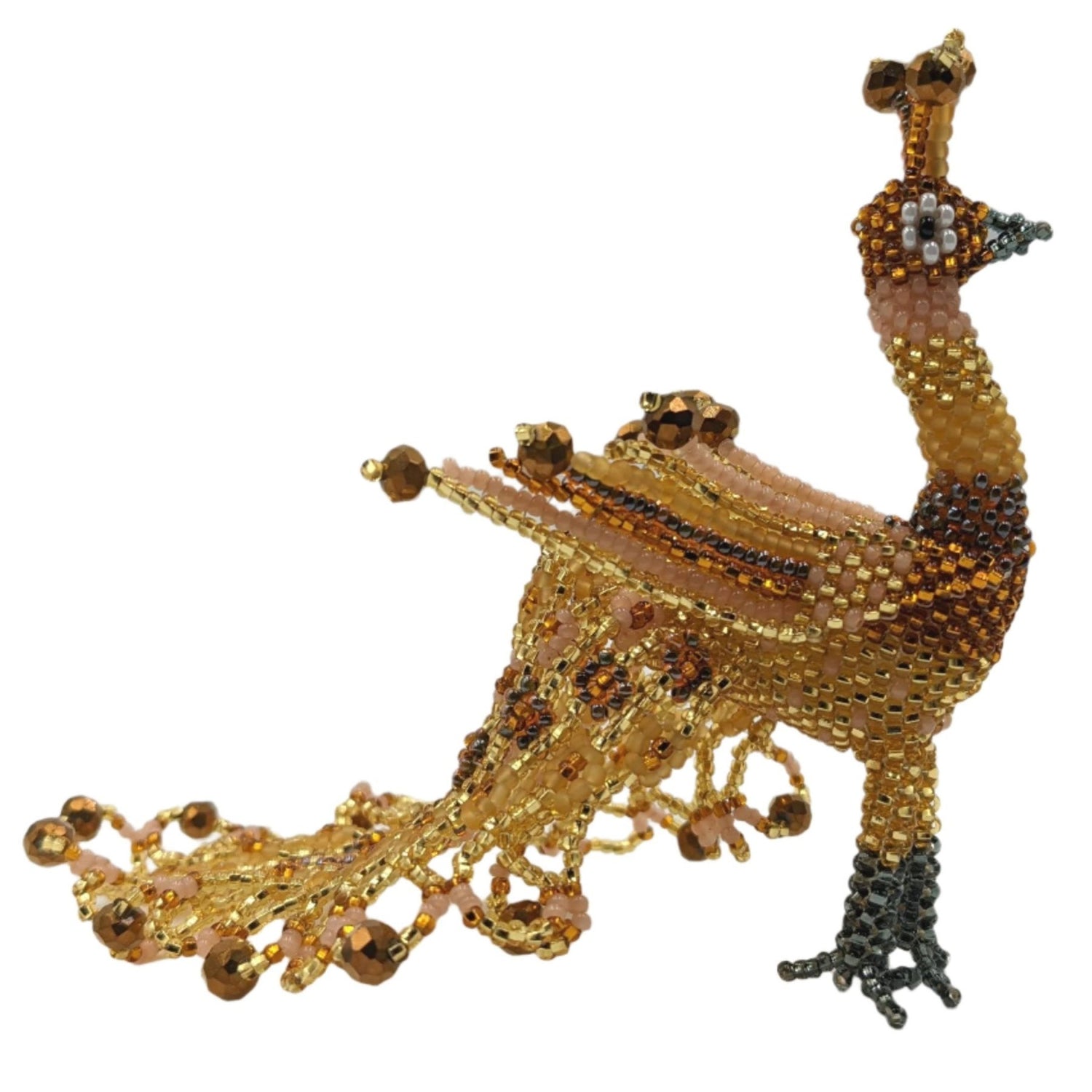 Peacock Large Beaded TabIe Ornament - Light Golds - A Thread of Hope Guatemalan Fair Trade