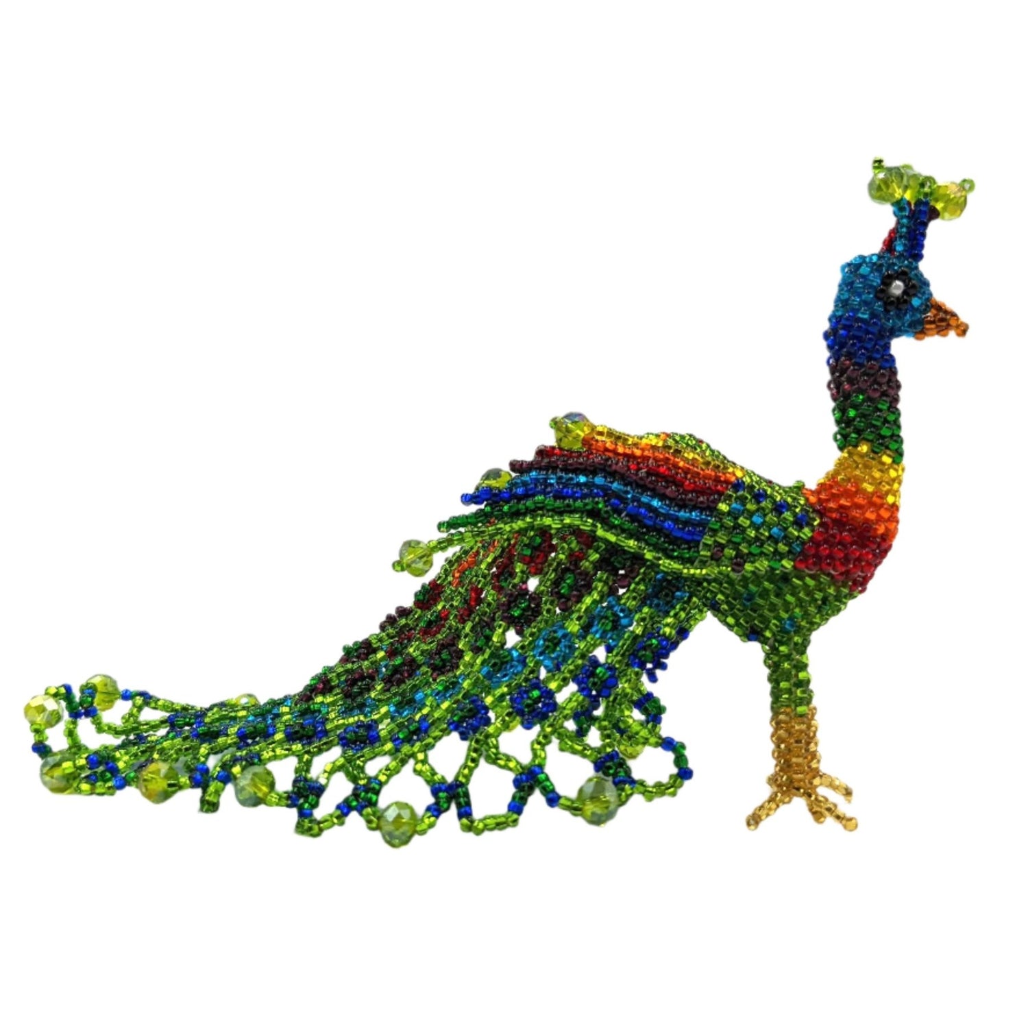 Peacock Large Beaded TabIe Ornament - Lime Green and Rainbow - A Thread of Hope Guatemalan Fair Trade