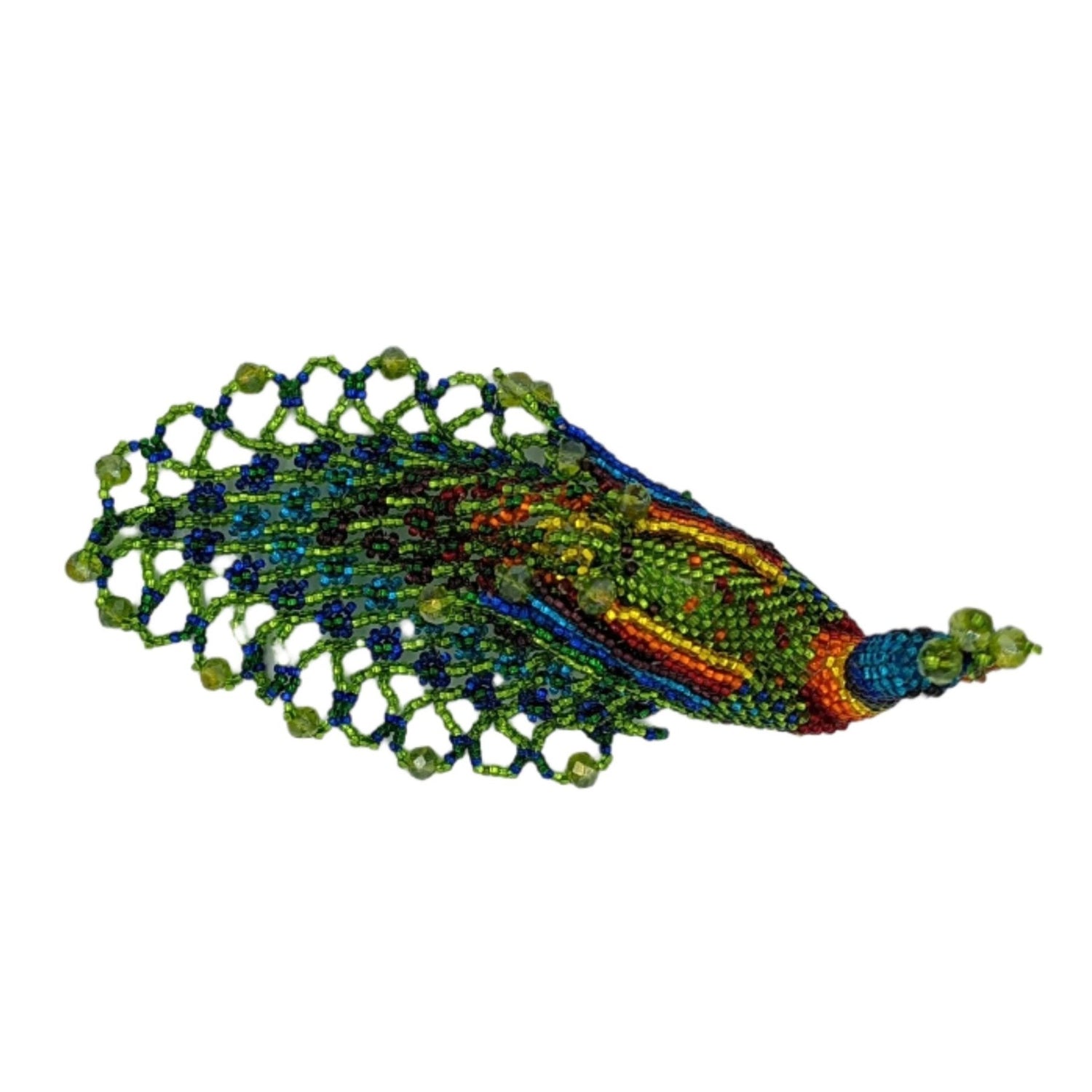 Peacock Large Beaded TabIe Ornament - Lime Green and Rainbow - A Thread of Hope Guatemalan Fair Trade