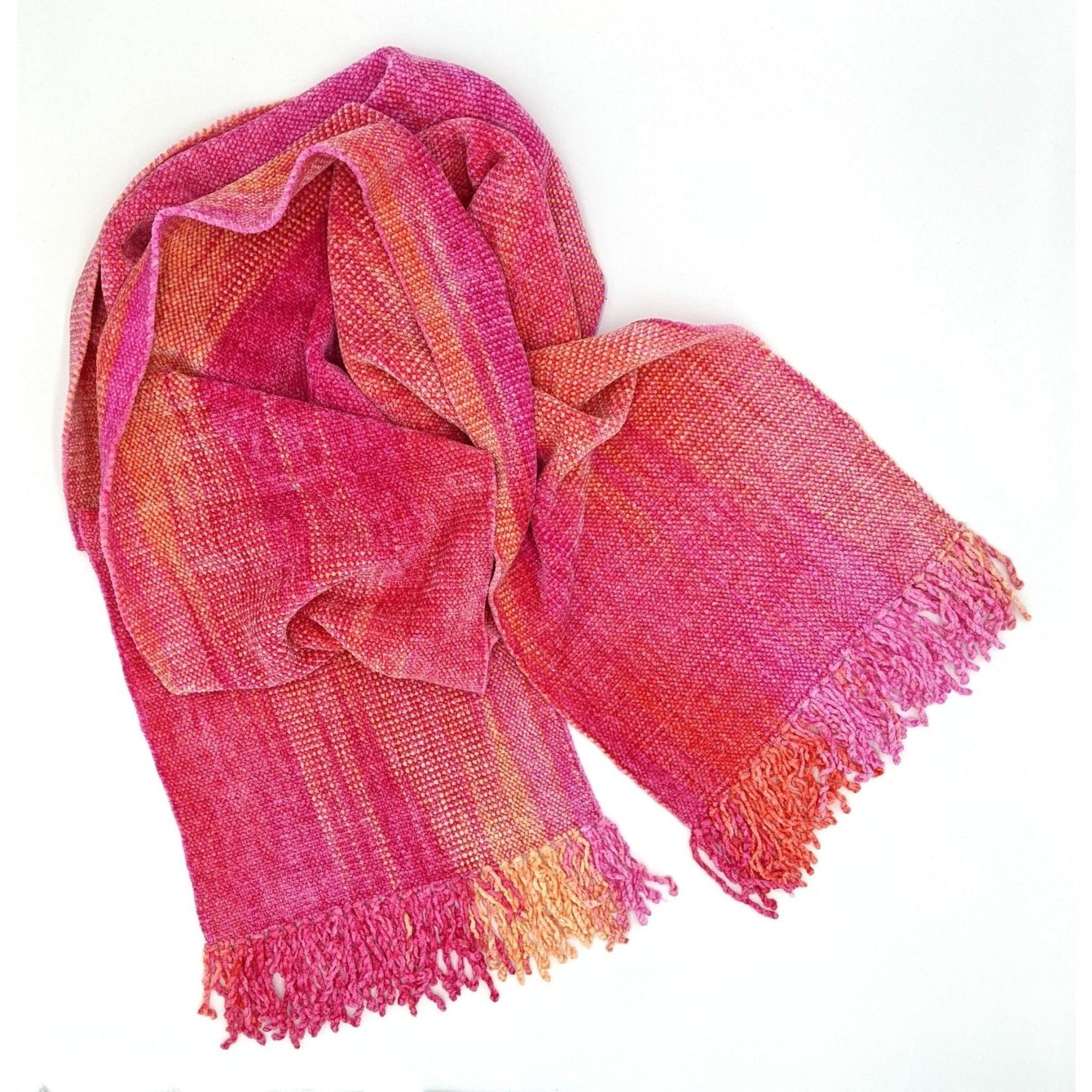 Pink with Yellow Bamboo Chenille Handwoven Scarf 8 x 68 - A Thread of Hope Guatemalan Fair Trade