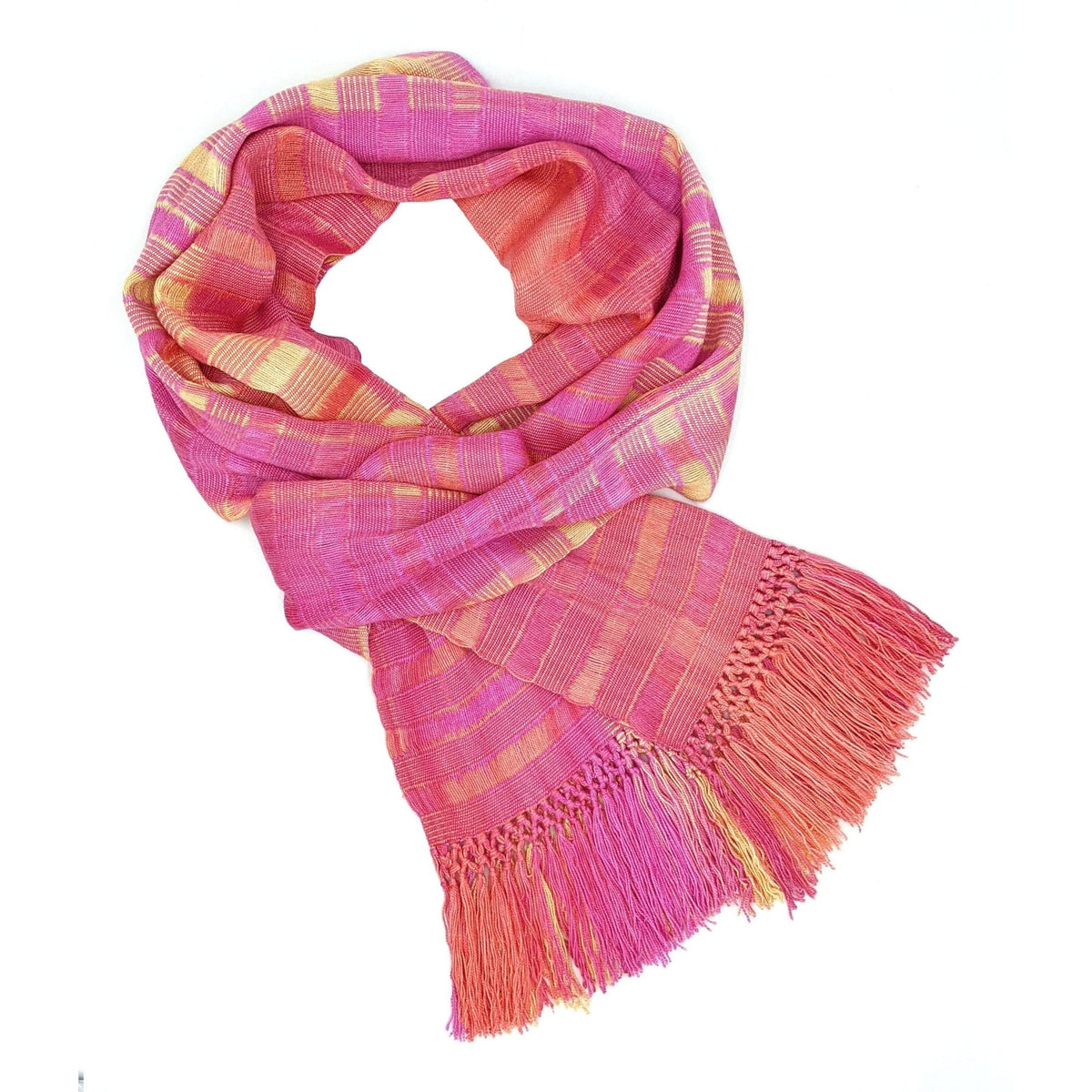 Pink with Yellow Lightweight Bamboo Open - Weave Handwoven Scarf 8 x 68 - A Thread of Hope Guatemalan Fair Trade